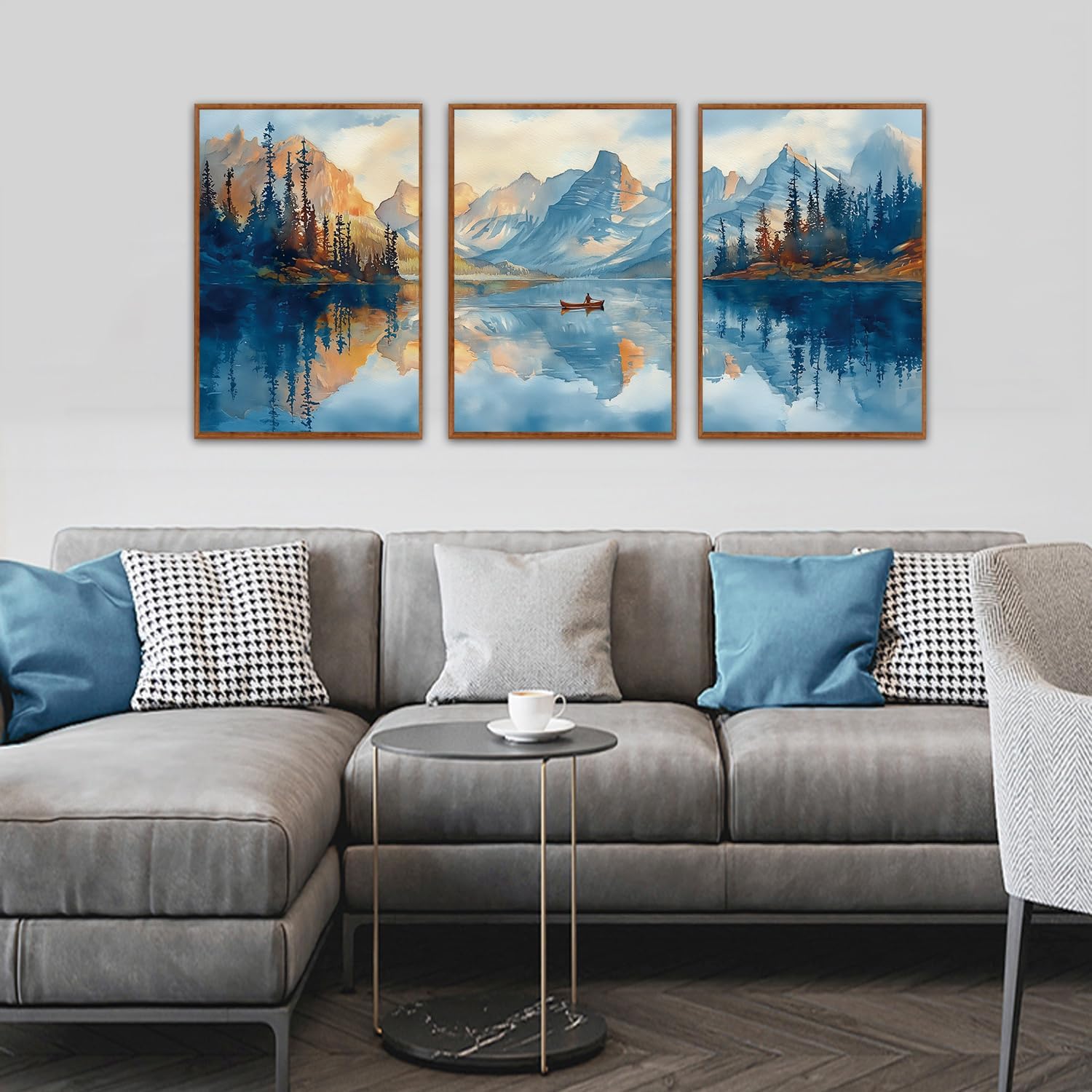 KAIRNE Landscape Wall Art Set of 3(24'X36'),Abstract Forest Canvas Paintings,Watercolor Blue Mountain Lake Prints,Framed Nature Scenery Artwork for Living Room Bedroom Home Office Gallery Decoration