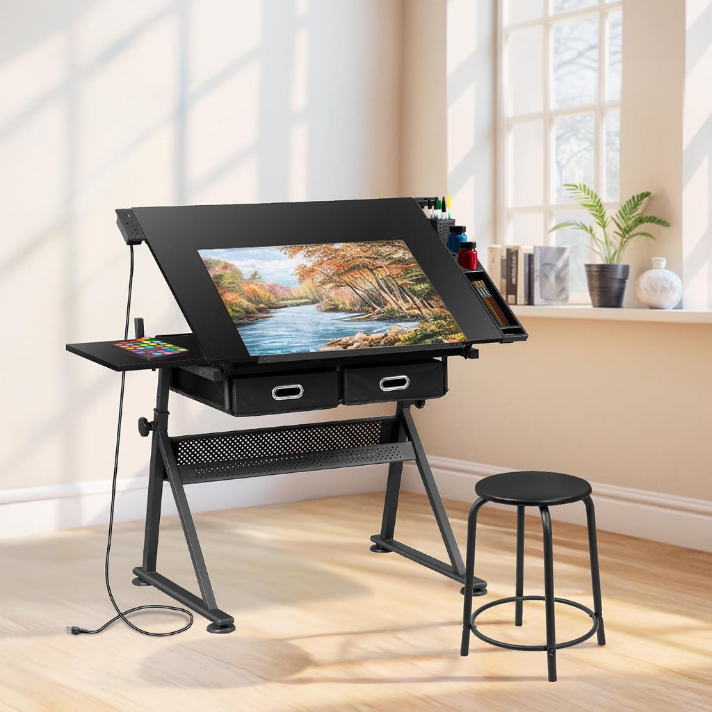 ZENY Adjustable Drafting Table with Stool, Tilting Drawing Desk Artist Table with Storage Drawers, Art Craft Workstation for Home Office Reading, Writing, Crafting (Black-with Outlet)