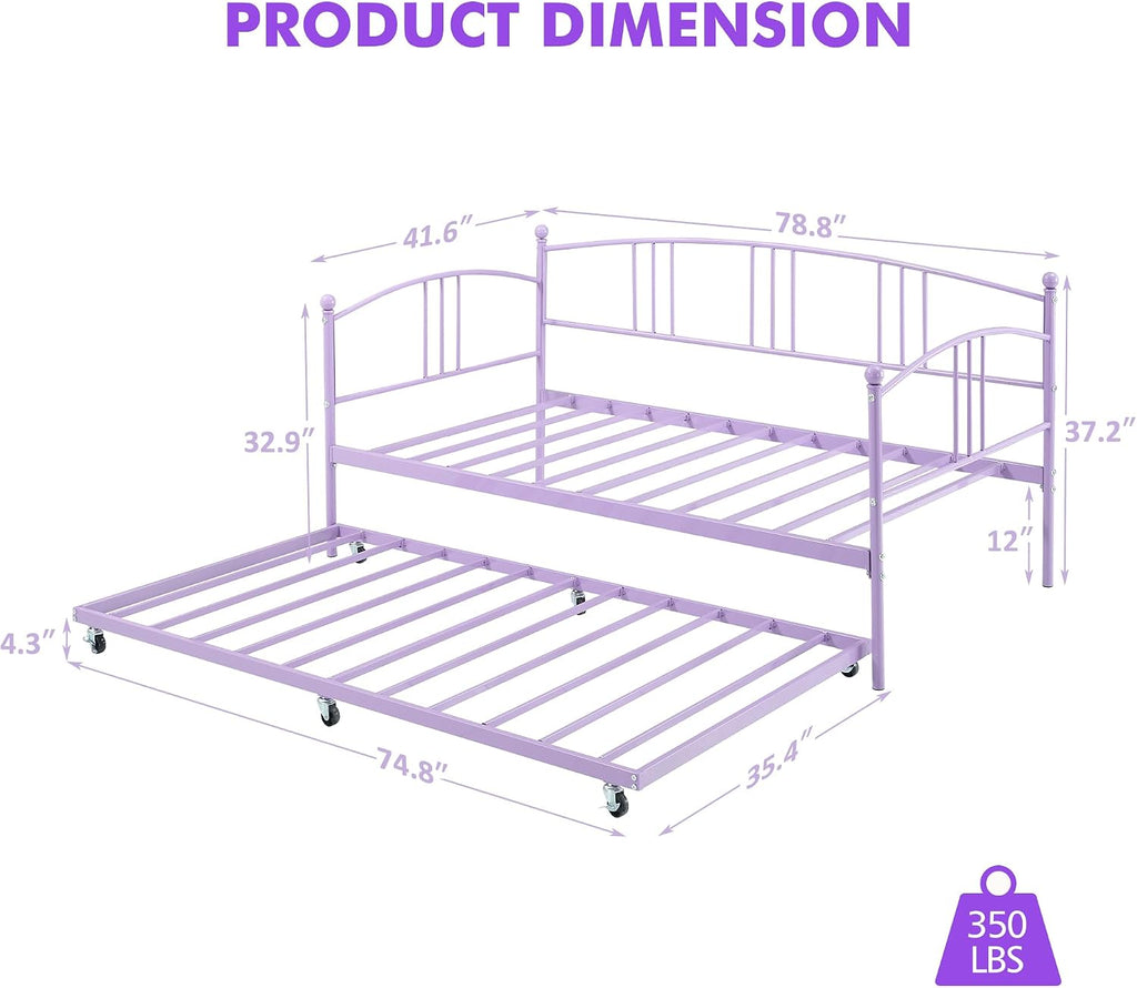 GarveeHome Daybed with Trundle, Sturdy Metal Day Bed with Steel Slat Support, Trundle Bed Twin with Arched Headboard, SofaBed for Living Room, Bedroom and Guest Room, Purple
