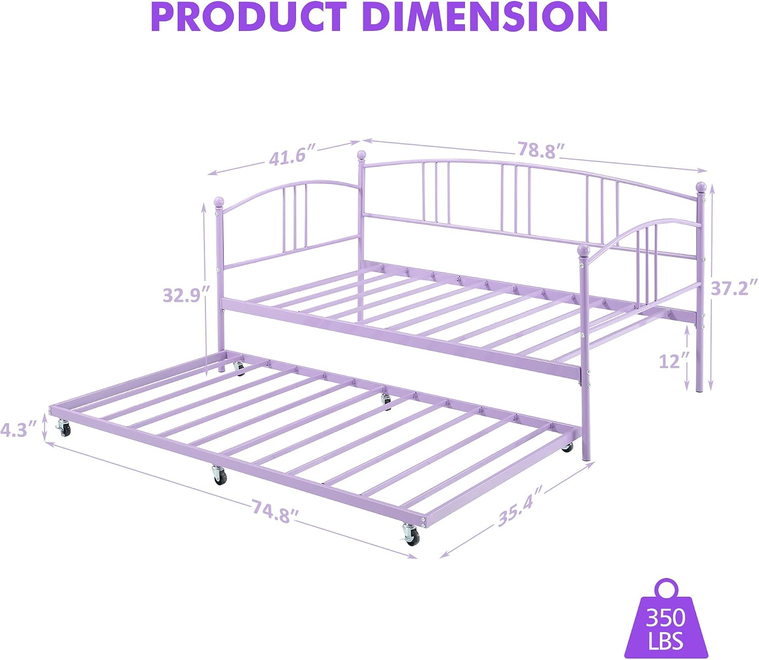GarveeHome Daybed with Trundle, Sturdy Metal Day Bed with Steel Slat Support, Trundle Bed Twin with Arched Headboard, SofaBed for Living Room, Bedroom and Guest Room, Purple