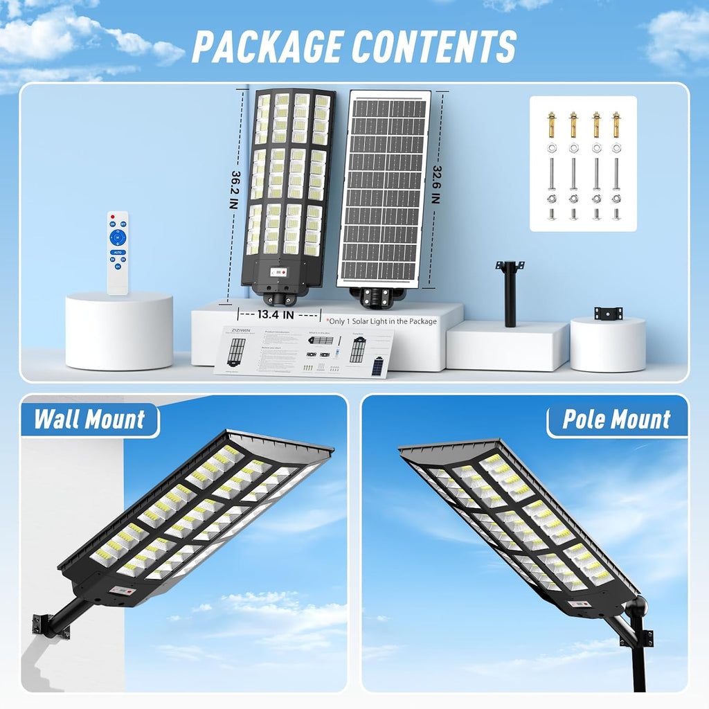 15000W Large Solar Street Lights Outdoor Waterproof, Heavy Duty Solar Parking Lot Lights with Remote Control and Motion Sensor, Pole or Wall Mount, for Outside Commercial Yard Driveway Garage