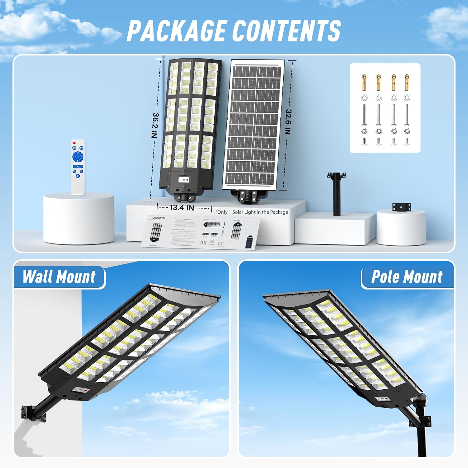 15000W Large Solar Street Lights Outdoor Waterproof, Heavy Duty Solar Parking Lot Lights with Remote Control and Motion Sensor, Pole or Wall Mount, for Outside Commercial Yard Driveway Garage