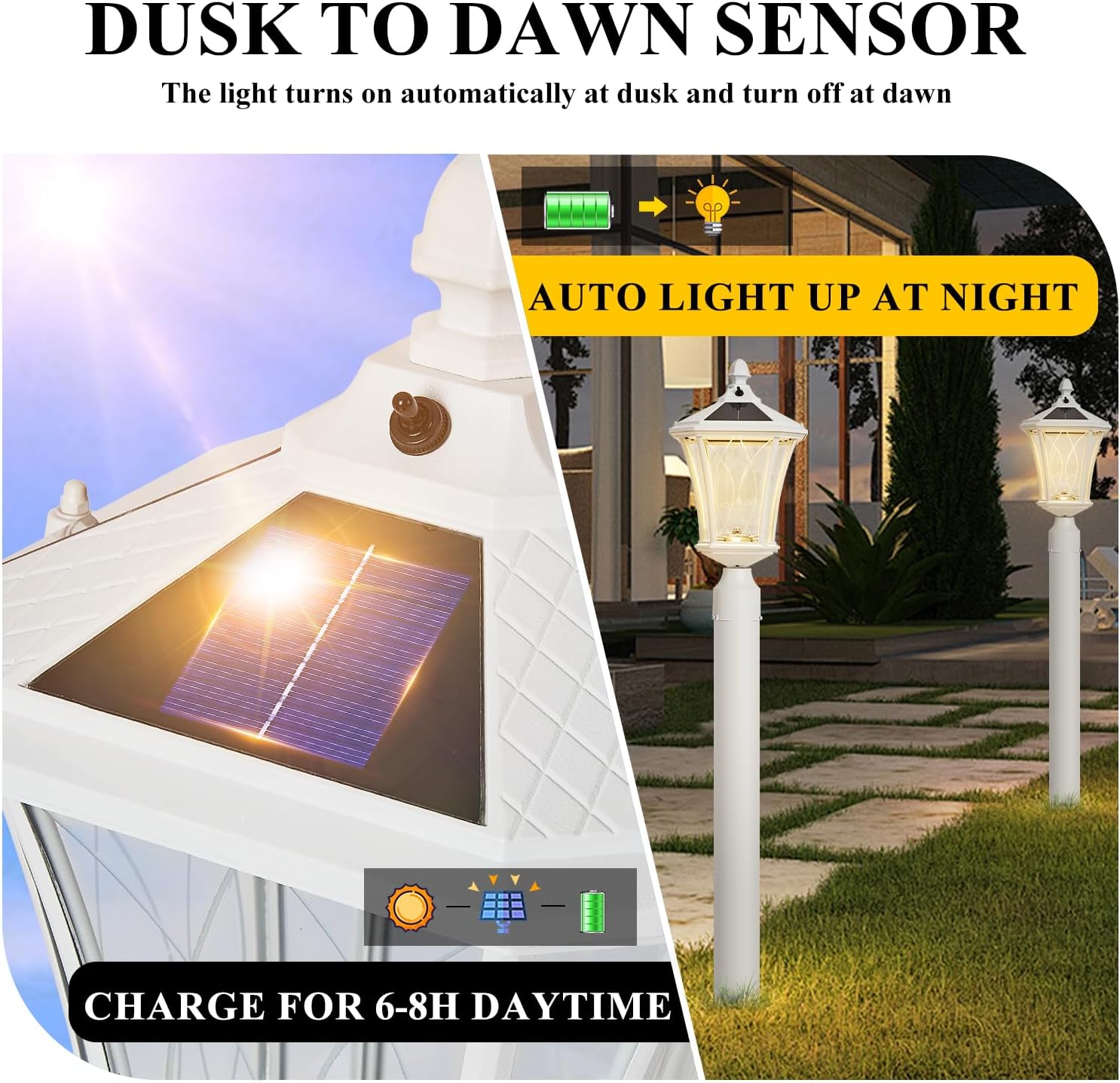 Outdoor Solar Post Lights with Pier Mount Base, White Dusk to Dawn Pillar Lamps with Patterned Glass, Waterproof Exterior Pole Lanterns with for Patio, Garden, Porch