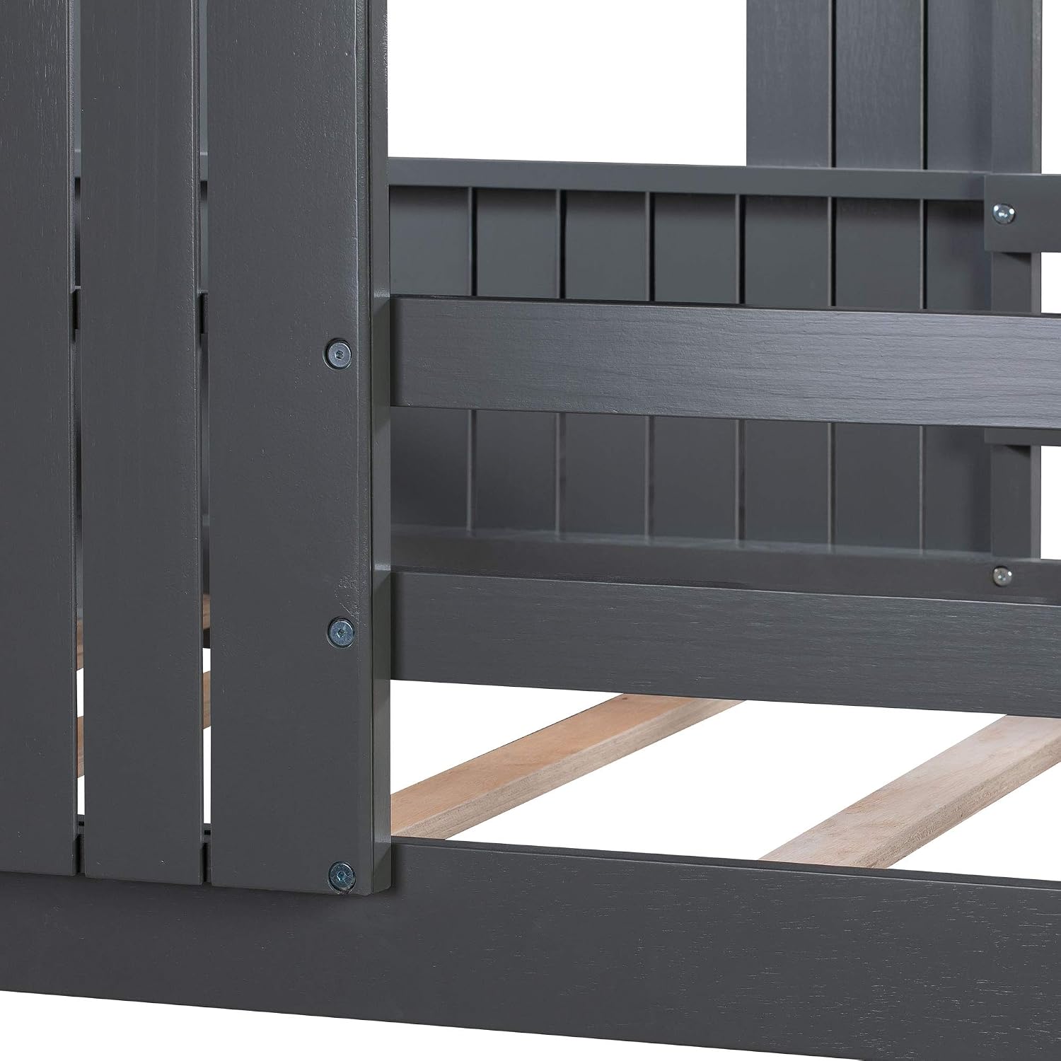 KLMM Twin Over Full Bunk Beds for Kids Toddlers, Wooden Play Farm House Bunk Bed with Roof Window Guardrail Ladder, for Girls Boys, No Spring Box Required (Gray-BUNK Bed-Twin-Full-4)