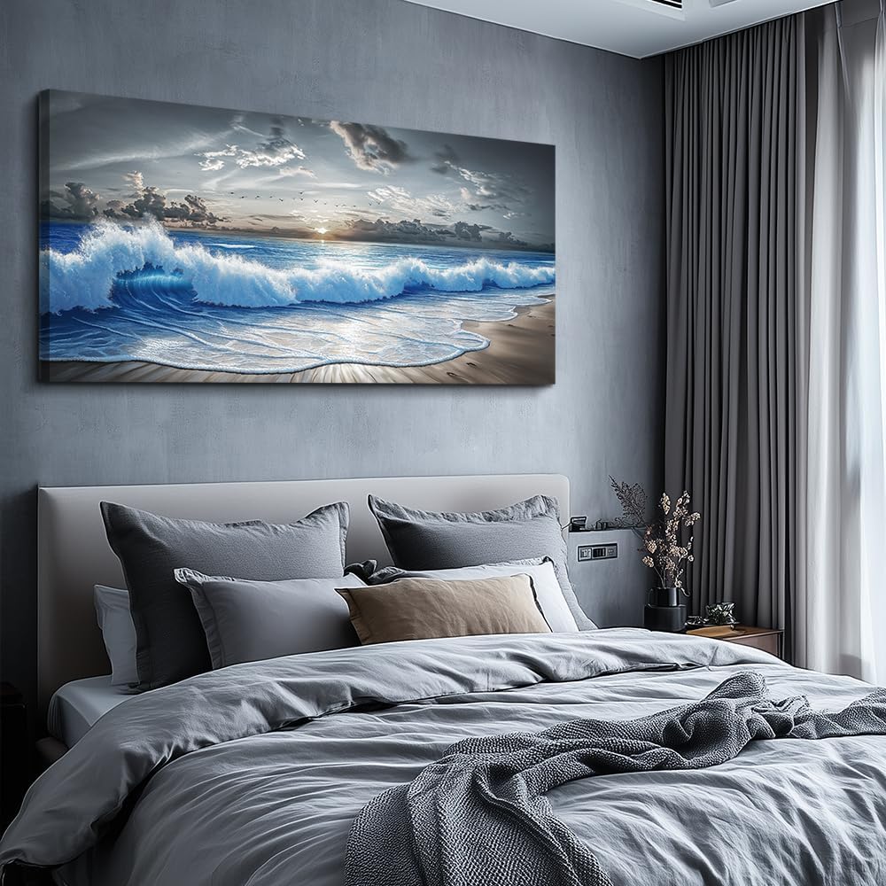 PHAOHUAXM Large Canvas Printed Artworks Mural Wall Decor For Living Room Wall Art For Bedroom Office Decor Black White And Blue Ocean Wave Landscape Painting Modern Home Decor Ready To Hang 30'X60'