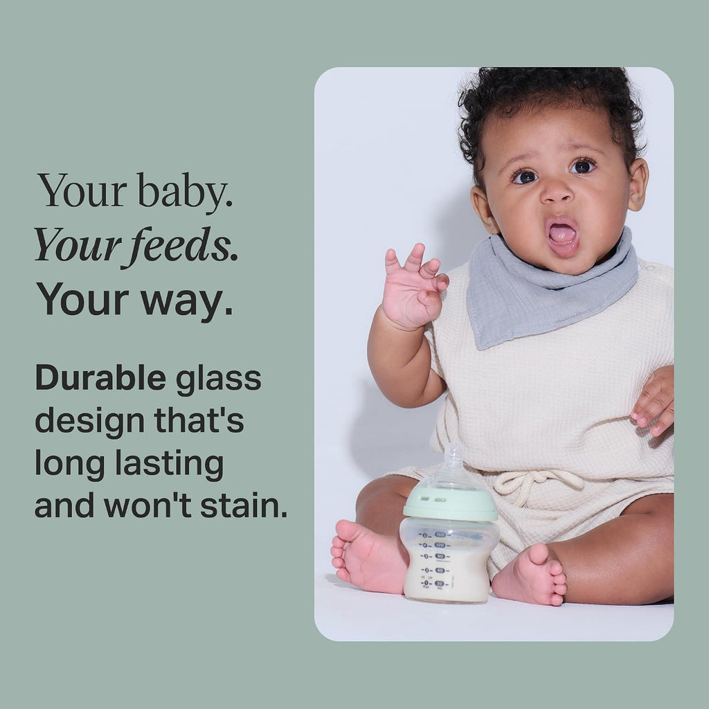 Tommee Tippee Natural Start 9oz Glass Baby Bottles, Self Sterilizing, BPA & Phthalates Free, 0+ Months, Slow Flow Breast-Like Nipple for a Natural Latch, Travel Jar, Cup Rings, (Pack of 54)
