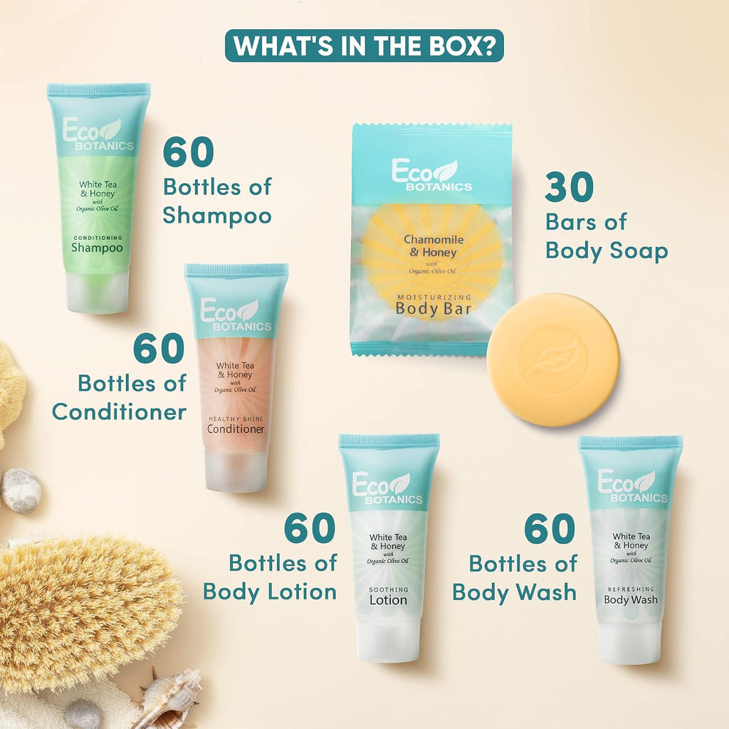 Travel Size Hotel Toiletry Set 300 Count 0.85 oz Bottles Guest Amenities for Vacation Rentals and Short Term Rentals Paraben Free White Tea Scent Infused with Aloe and Olive Oil by Eco Botanics
