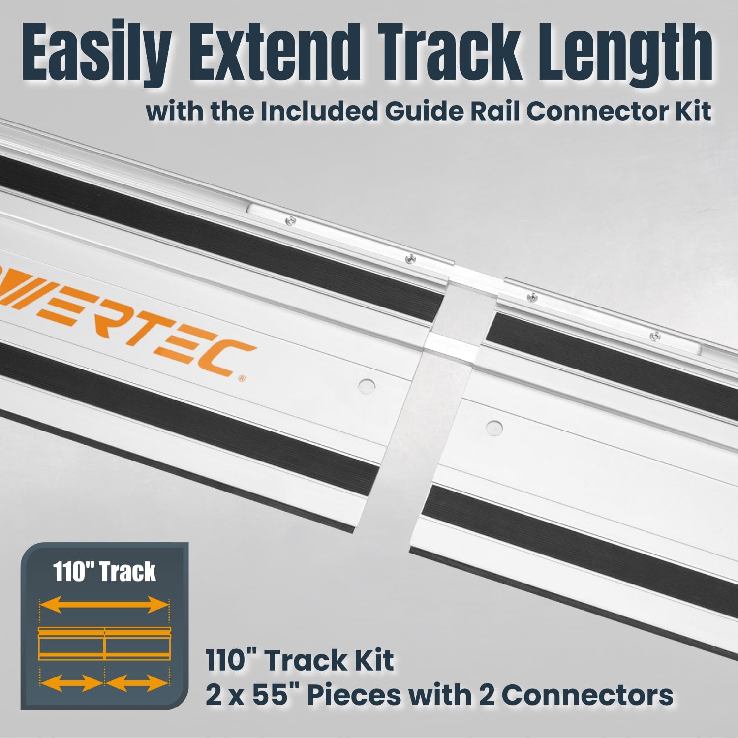 POWERTEC 110' Track Saw Guide Rail Connector Set w/Protective Bag for Milwaukee Track Saw | Includes 2x55' Aluminum Extruded Guide Rails and (2) Guide Rail Connectors for Woodworking Projects