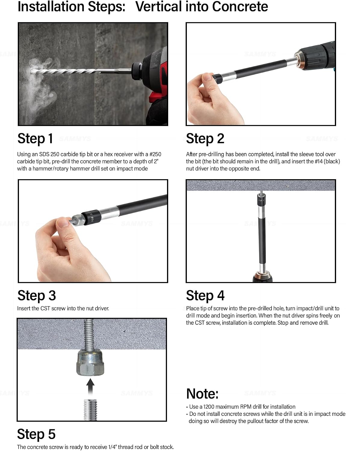 Everflow Sammys 8040957-100 DST 10 3/8 Inch Screw Vertical Threaded Rod Anchor Designed for Steel Structure, Steel with Electro-Zinc, Corrosion Resistance, 1/4-14 x 1 Inch Screw Length - (Pack of 100)