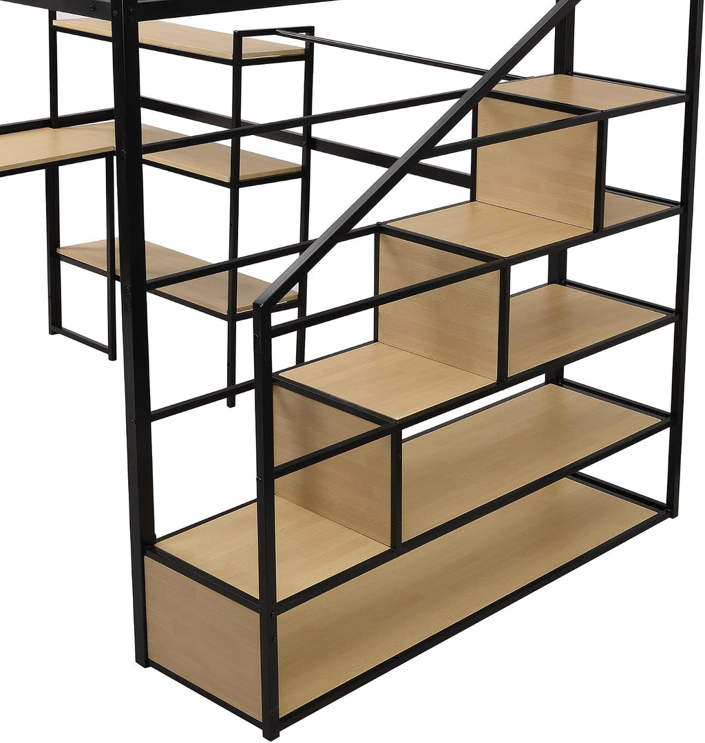 JIVOIT Metal Loft Bed with Storage Staircase, Full Size Loft Bed with Built-in Desk and 3-Tier Storage Shelves, Space-Saving 3 in 1 Design Metal Loft Bed with Guardrails, No Box Spring Needed