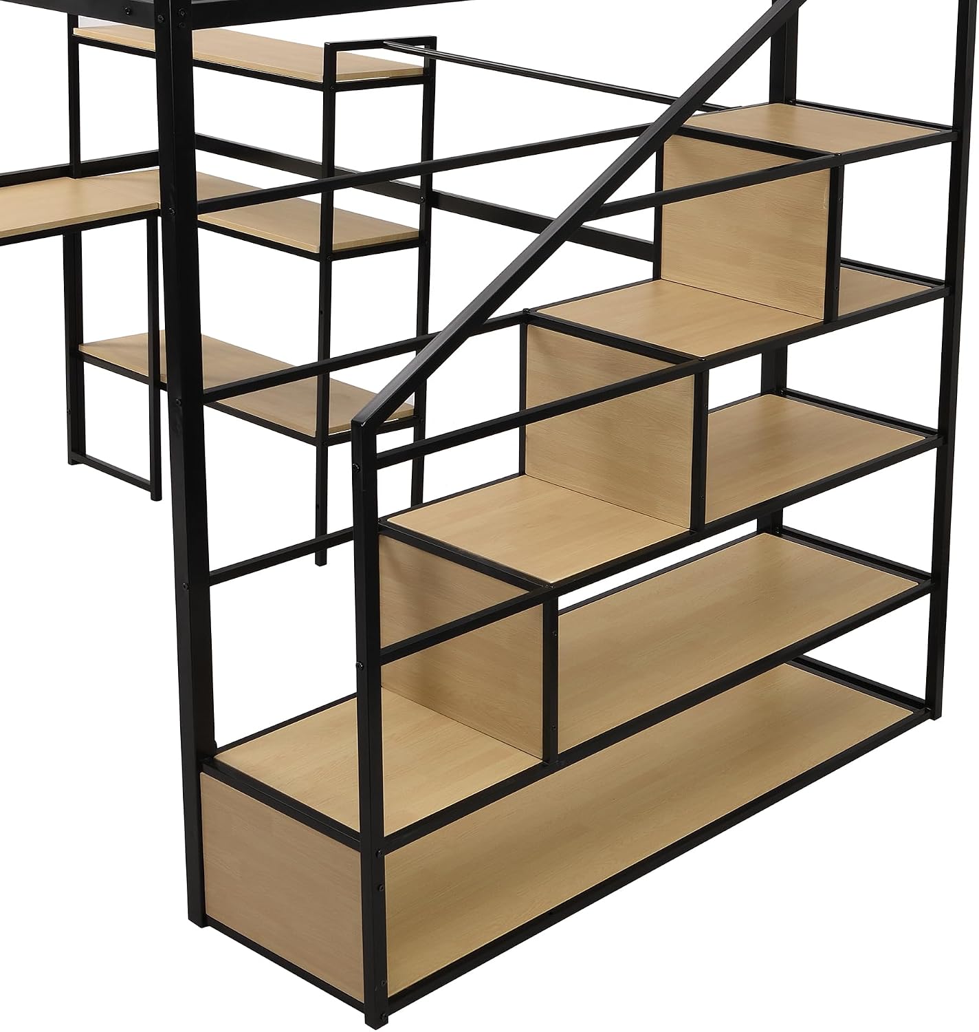 JIVOIT Metal Loft Bed with Storage Staircase, Full Size Loft Bed with Built-in Desk and 3-Tier Storage Shelves, Space-Saving 3 in 1 Design Metal Loft Bed with Guardrails, No Box Spring Needed