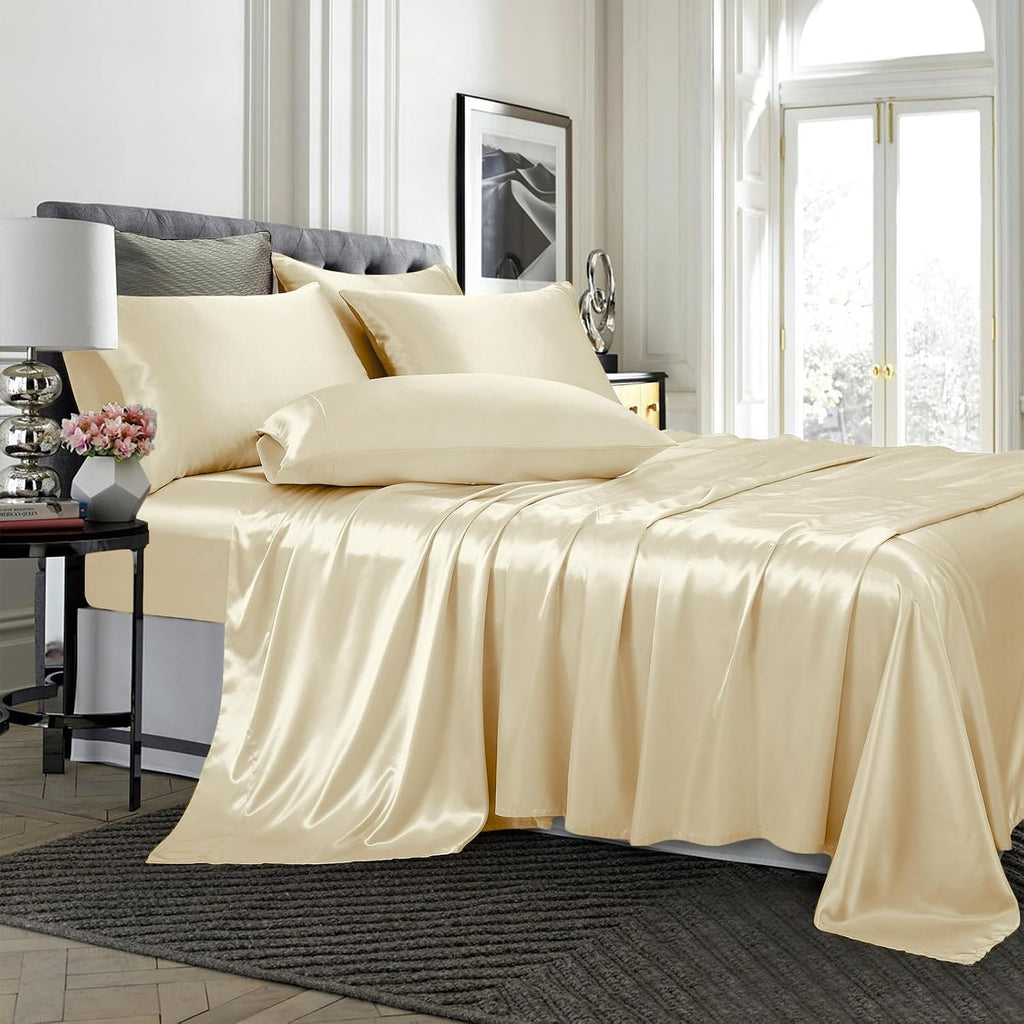 Twin XL Size 4-Piece Sheet Set Premium Mulberry Silk Bed Sheets Set Fits 14-16' Deep Pocket - Luxurious Soft Silk (Solid, Beige)