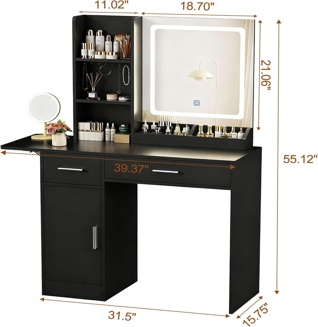 ERLEJIA Vanity Desk with Mirror and Lights, 39.37' 4 Drawers Makeup Desk Without Stool, Extra Foldable Desk with 3 Open Shelves Make Up Table for Girls and Ladies Bedroom, Black
