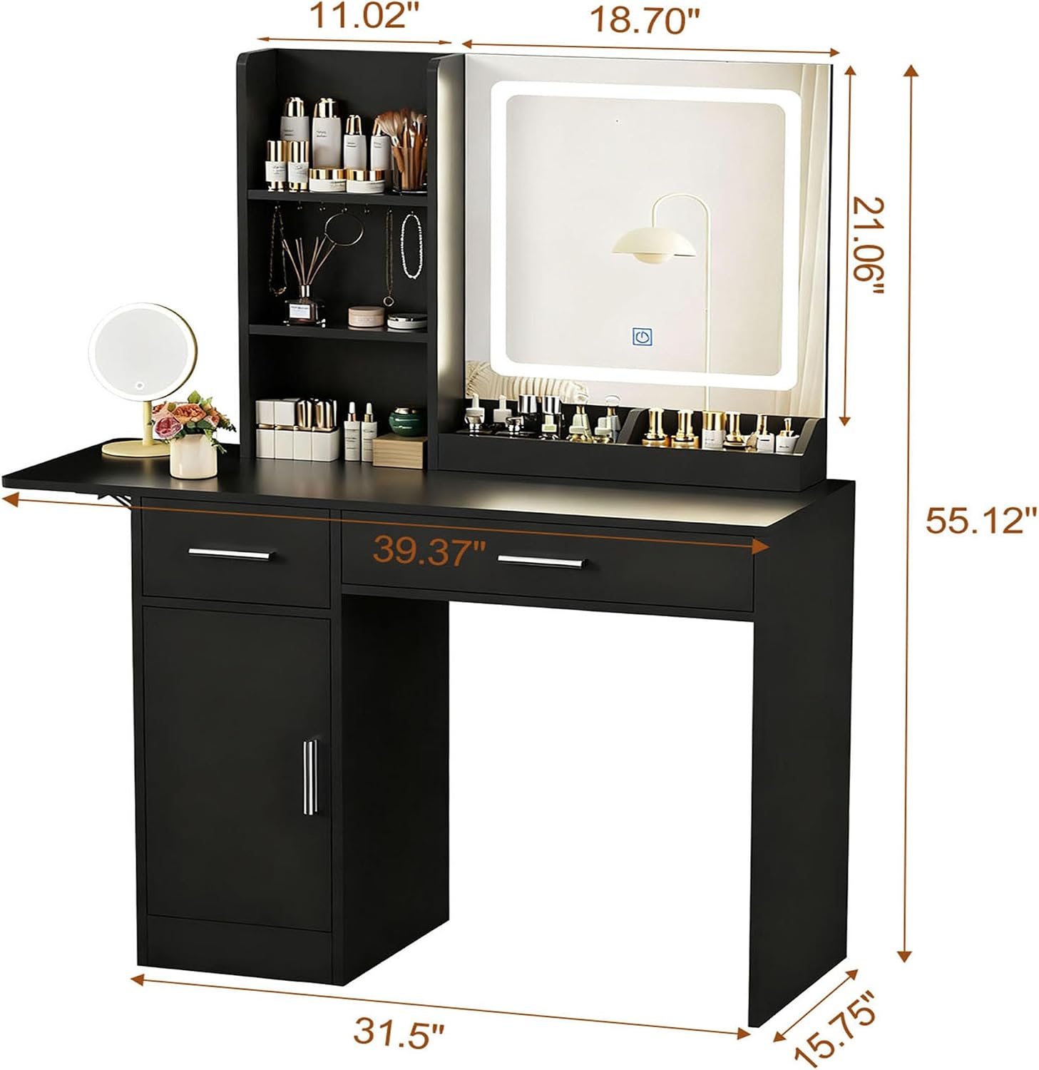 ERLEJIA Vanity Desk with Mirror and Lights, 39.37' 4 Drawers Makeup Desk Without Stool, Extra Foldable Desk with 3 Open Shelves Make Up Table for Girls and Ladies Bedroom, Black