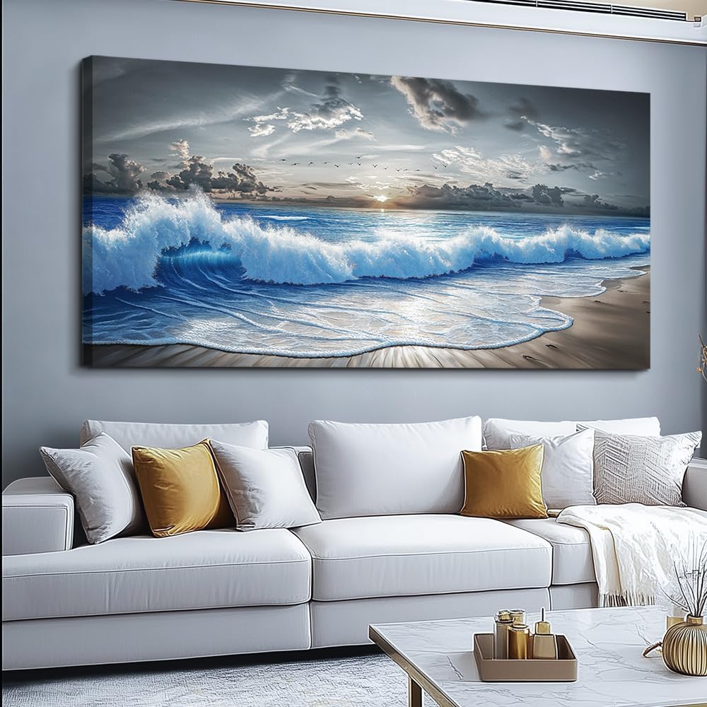 PHAOHUAXM Large Canvas Printed Artworks Mural Wall Decor For Living Room Wall Art For Bedroom Office Decor Black White And Blue Ocean Wave Landscape Painting Modern Home Decor Ready To Hang 30'X60'