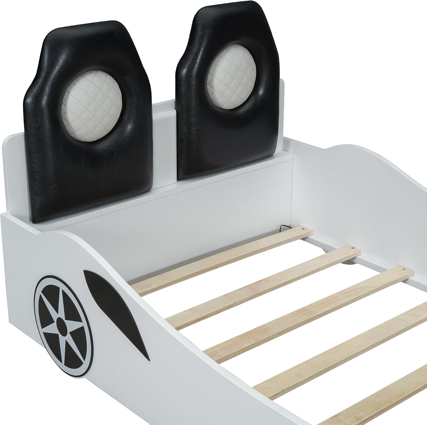 Race Car-Shaped Platform Bed with LED and Upholstered Backrest,Wood Bed Frame with Slat for Bedroom,No Box Spring Needed (White, Twin)