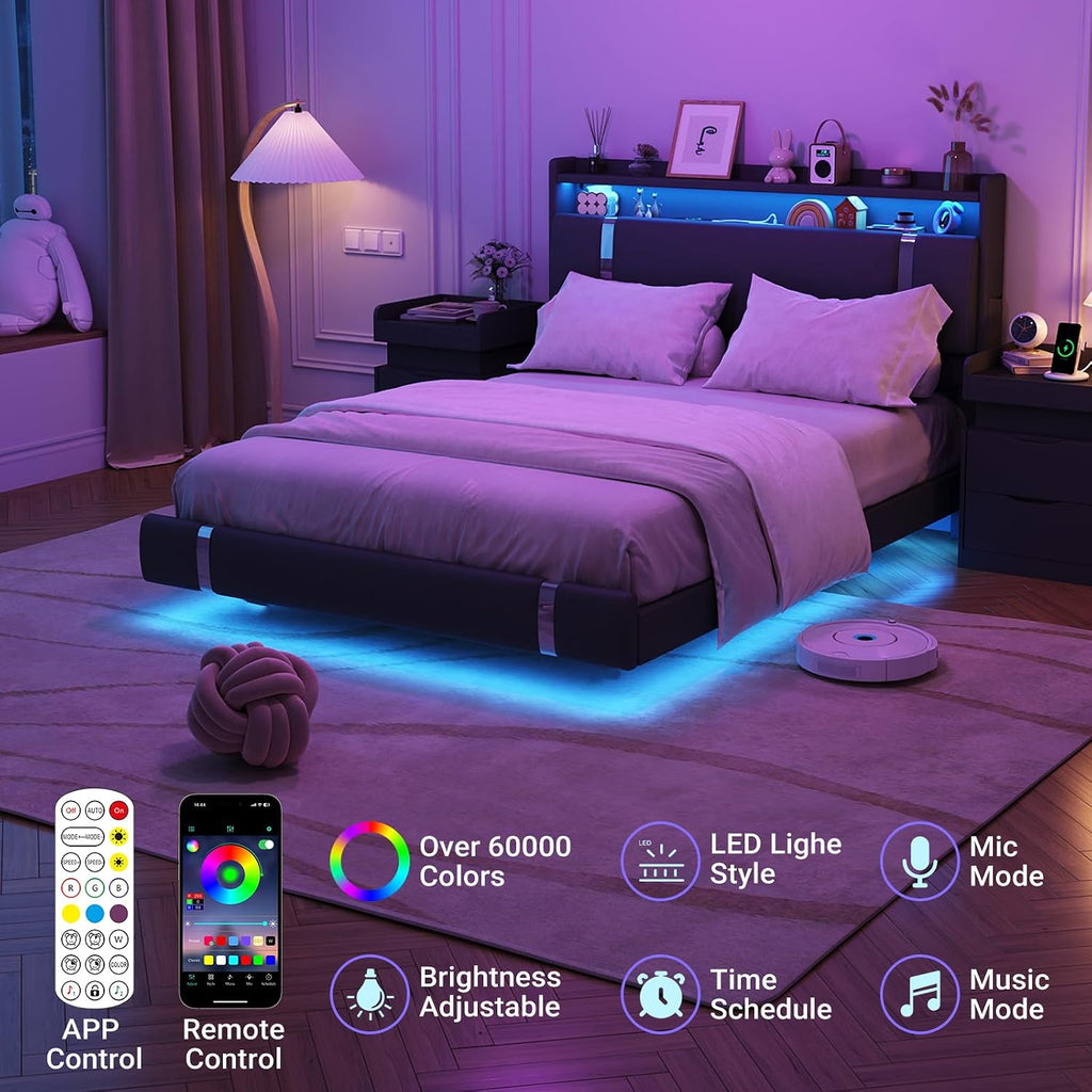 Floating Bed Frame, Full Size Platform Bed Frame with LED and Charging Station, Modern Black Metal Platform Full Bed with Storage Headboard, Upholstered Platform Bed Frame, No Box Spring Needed