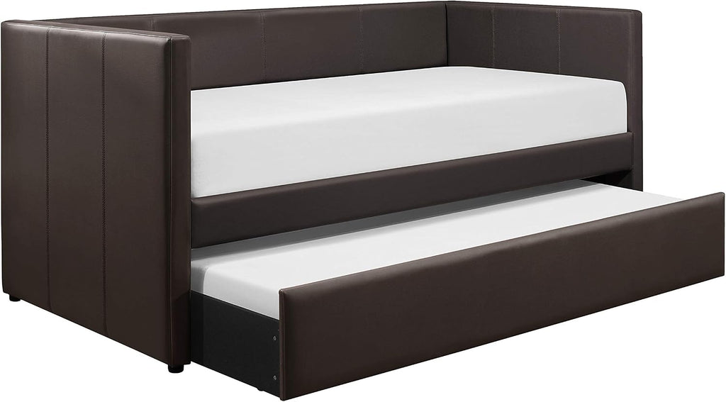 Homelegance Adra PU Leather Upholstered Daybed with Trundle, Twin, Dark Brown