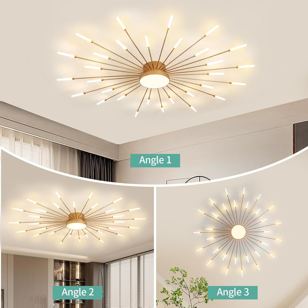 ziidoo Modern Ceiling Light,30+1 Lights Metal Firework Designed Chic Led Lighting Fixture for Farmhouse Kitchen Dining Room Bedroom Hallway Living Room (Gold and Dark Gold)