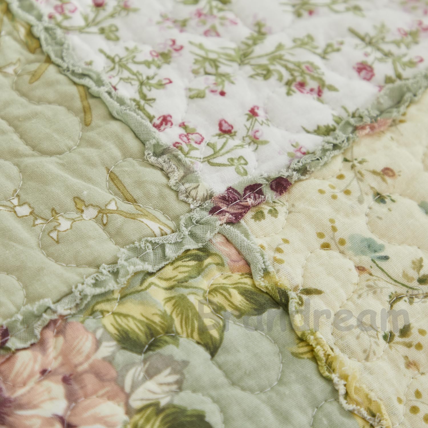 Brandream Patchwork Quilts Queen Size Cotton Green Rose Floral Quilted Comforter Set Country Rustic Coverlet Set 3-Piece
