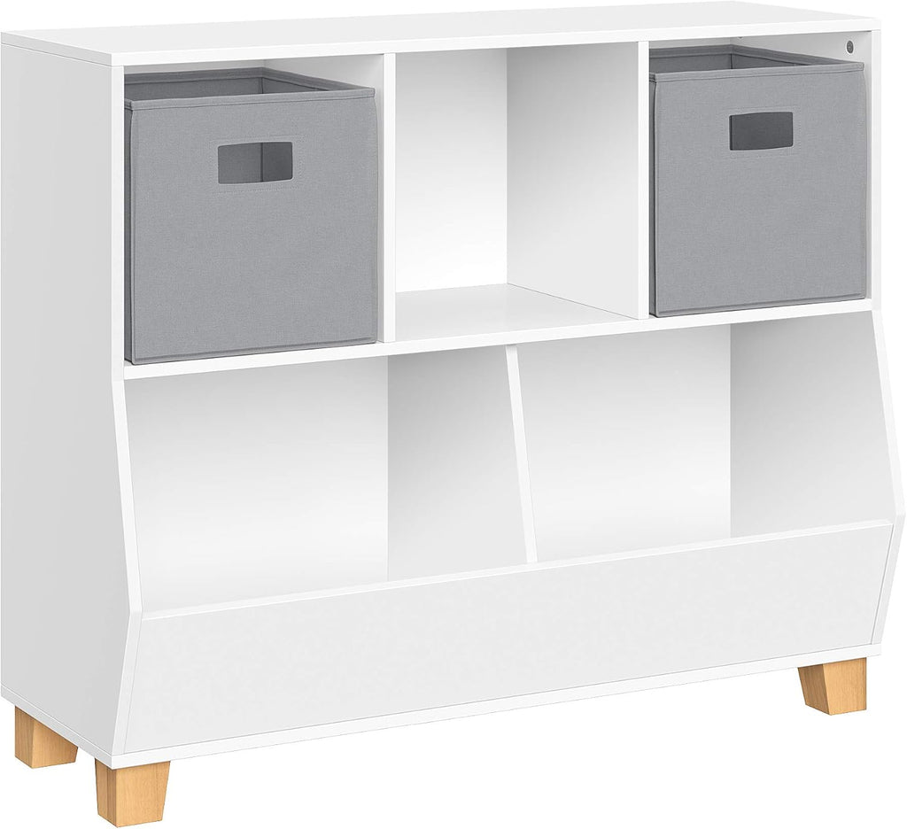 RiverRidge Catch-All Kids Toy Storage Organizer with 3 Cubbies and 2 Storage Bin Compartments - 35 Inch Wide White and 2 Gray Fabric Bins Kids Room Decor Toy Organizers and Bins