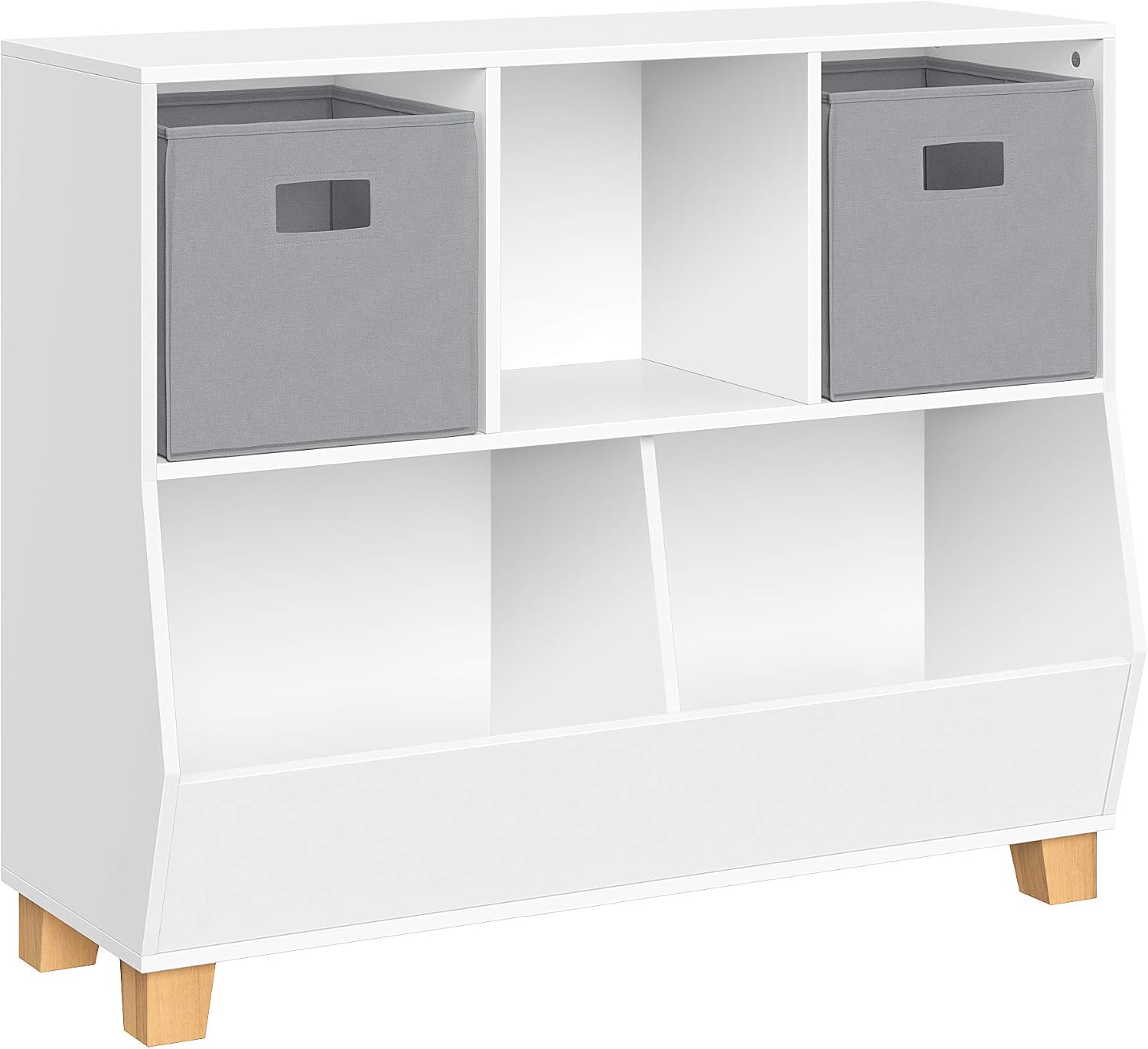 RiverRidge Catch-All Kids Toy Storage Organizer with 3 Cubbies and 2 Storage Bin Compartments - 35 Inch Wide White and 2 Gray Fabric Bins Kids Room Decor Toy Organizers and Bins