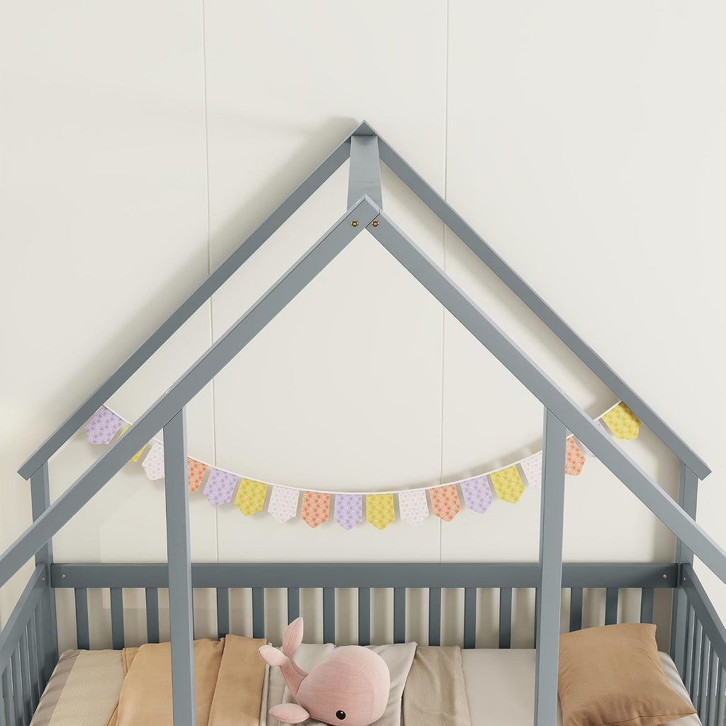 JIVOIT House Bed Full Size Floor Bed, Full Wood House-Shaped Floor Bed with Fence and Guardrails, Wood House Roof Frame, Montessori Floor Bed Frame (Grey-Full,129)