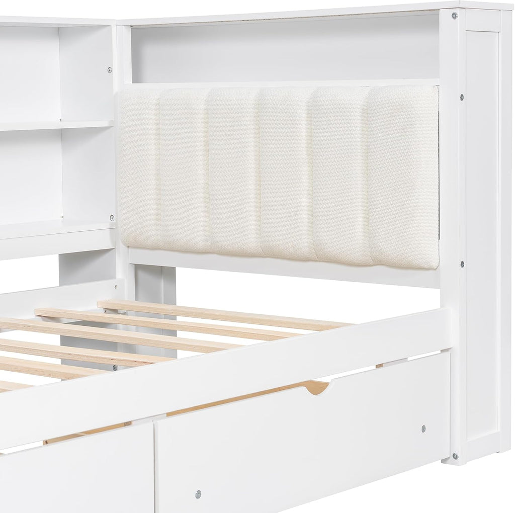 Twin Size Platform Bed with Storage Shelves and Drawers, Solid Wood Daybed with Charging Station, LED, Desk and Upholstered Headboard for Living Room Bedroom (White-JU11)