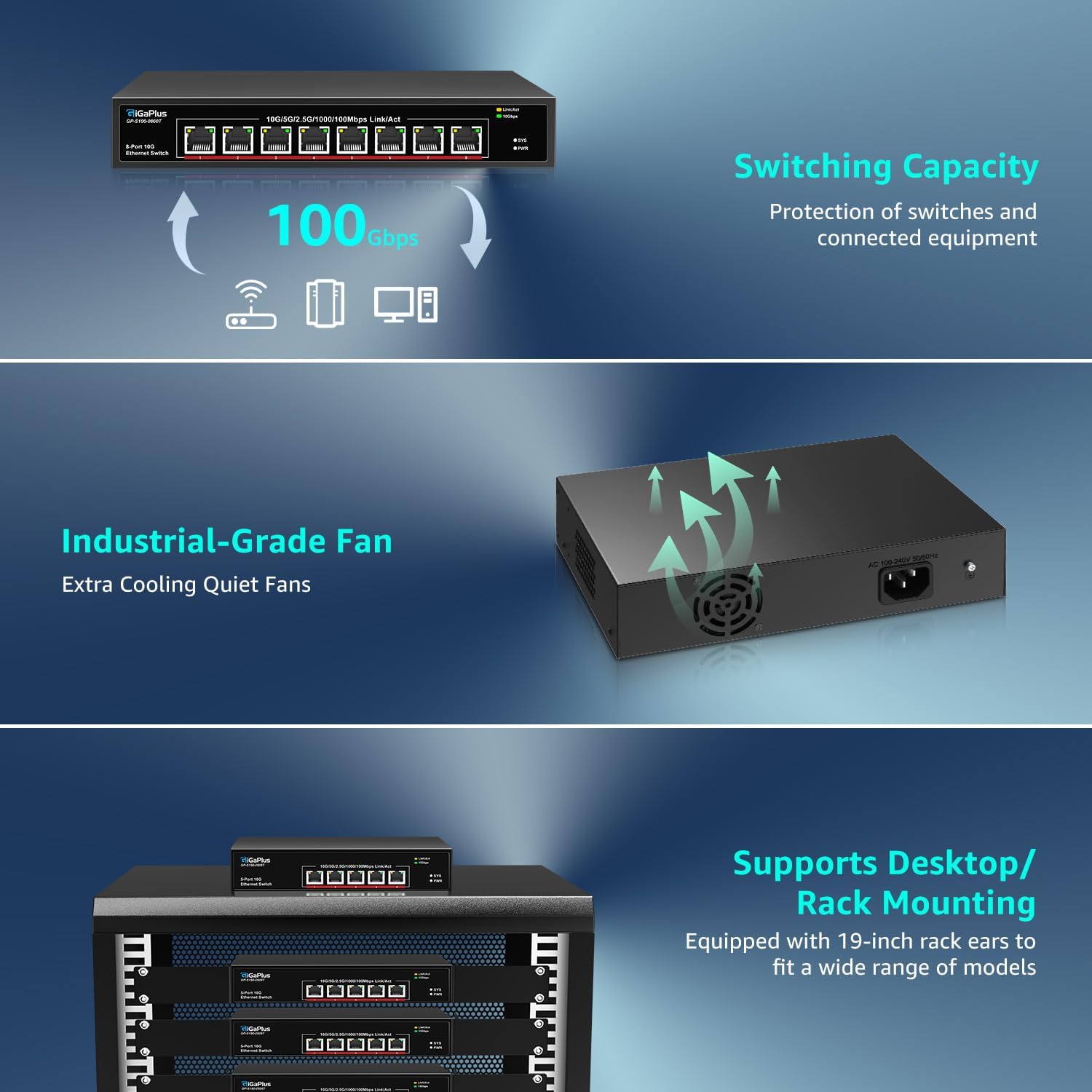 5-Port 10Gb Ethernet Switch Unmanaged with 5 x 10Gb RJ45 Ports, GiGaPlus 10Gbe Network Switch Easy for 10G NAS, PC, WiFi7 Routers, 10G NIC/Adapters. 100Gbps Switching Capacity. Desktop/19-inch Rack