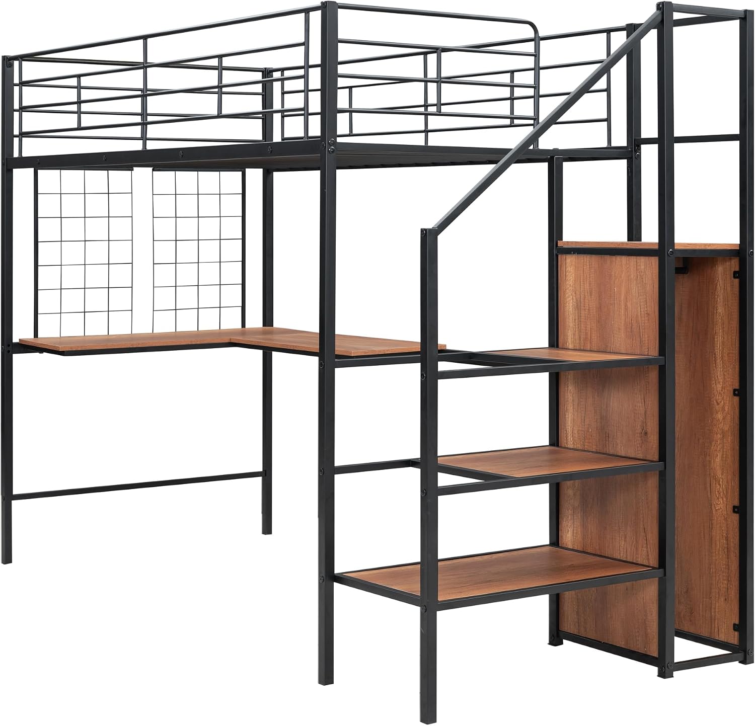 JIVOIT Twin Size Metal Loft Bed with L-Shape Desk and Wardrobe, Stylish Metal Frame Bed with Lateral Storage Ladder and Metal Grid, 3-Layers Storage Shelves, Space Saving Design (Black-Wardrobe,Twin)