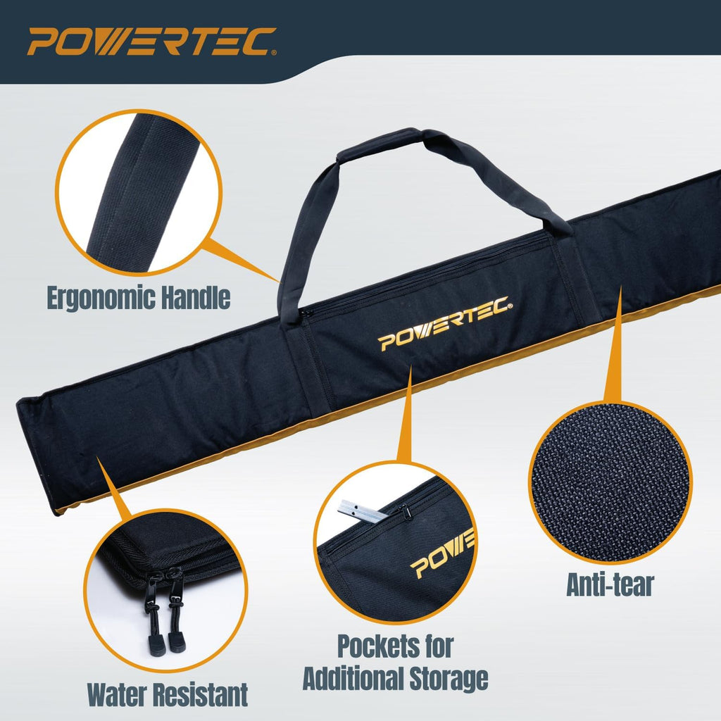 POWERTEC 110' Track Saw Guide Rail Joining Set for Kreg Track Saws, Include 2x55' Extruded Aluminum Guide Rail, 2 Rail Extension Connectors and Protective Carrying Bag (71992)