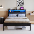 Full Size Bed Frame with Upholstered Headboard and Storage Shelves, Bed Frame with Charging Station and LED Lights,Metal Platform Bed Frame,No Box Spring Needed,Noise Free,Easy Assembly,Black