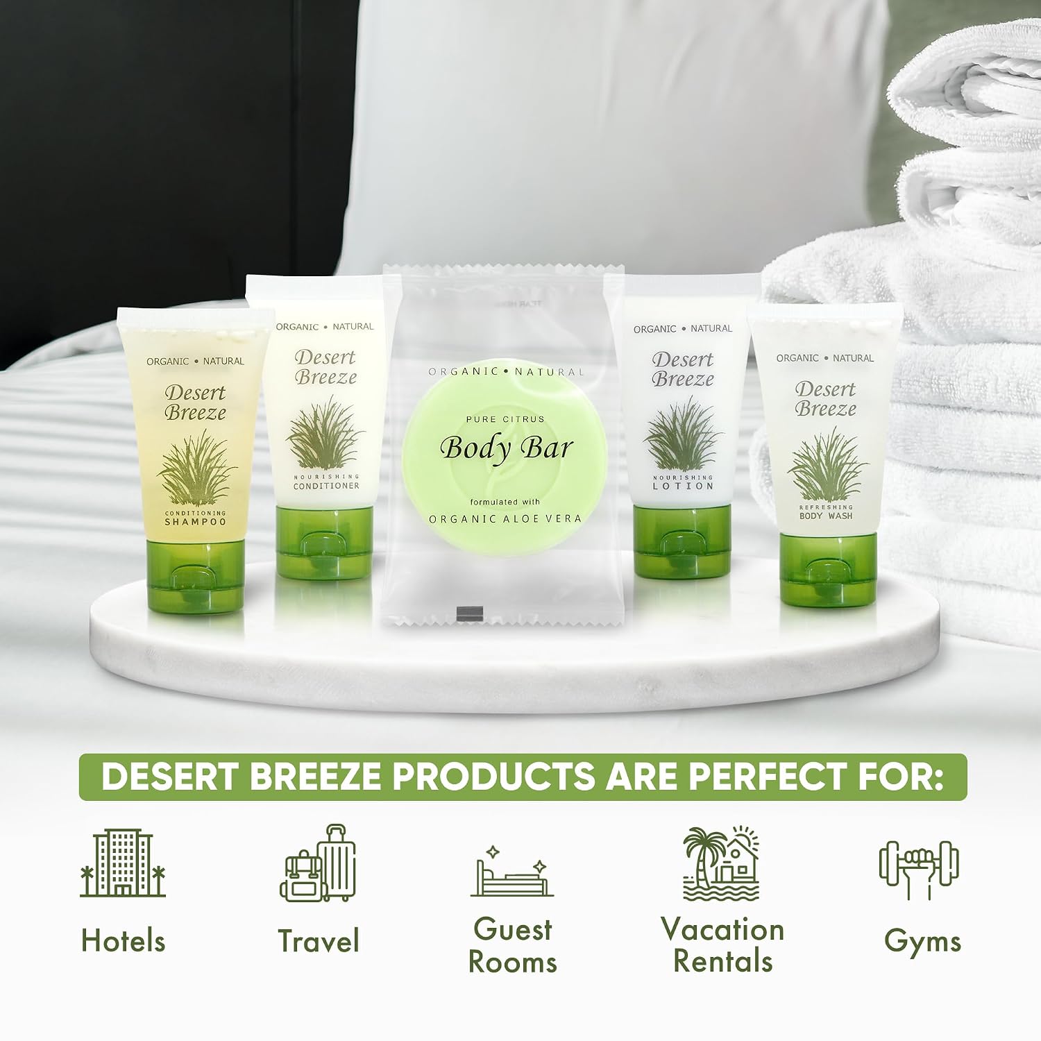 Travel Size Hotel Toiletry Set 150 Count 1 oz Bottles Guest Amenities for Vacation Rentals and Short Term Rentals Paraben Free Green Tea Lemongrass Scent Infused with Aloe and Olive Oil |Desert Breeze