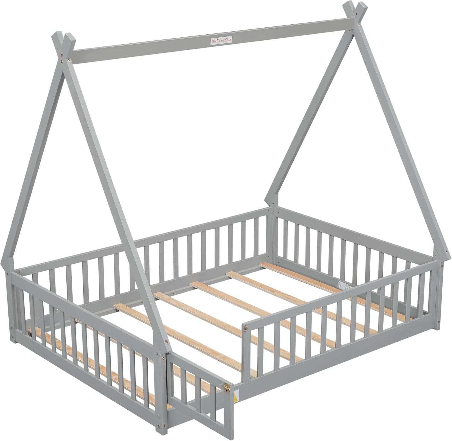 JIVOIT Full Size Tent-Shaped Floor Bed with Door, House Platform Bed Tent Bed Frame with Fence-Shaped Guardrails and Wood Slats Support, Wood Floor Play House Bed for Kids Boys Girls Teens (Gray,2)