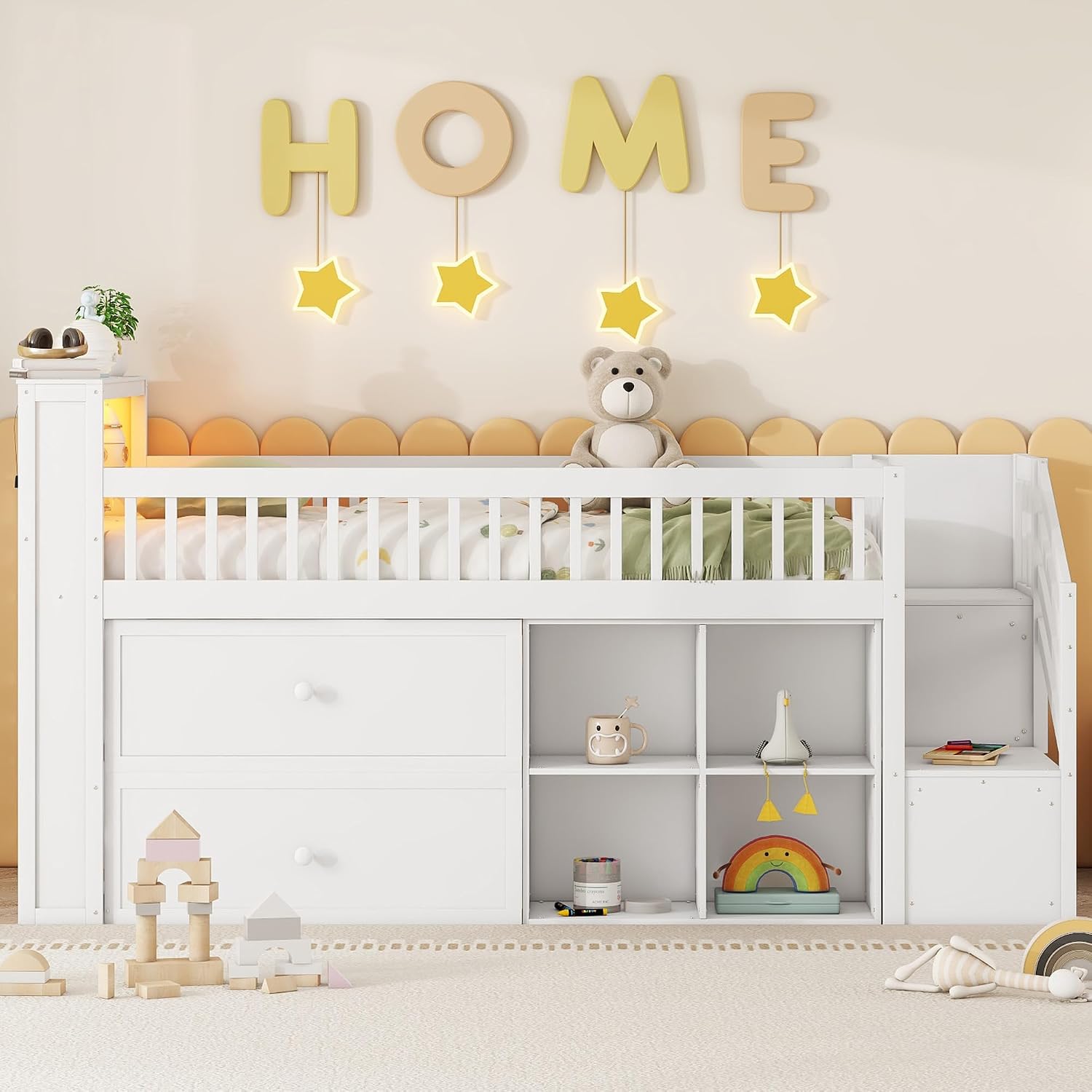 Twin Low Loft Bed with LED Lights, Loft Bed Frame for Kids with 2 Storage Drawers & Bookcase Headboard, Solid Wood Loft Beds with Stairs and Safety Guardrail for Junior Girls Boys (White)