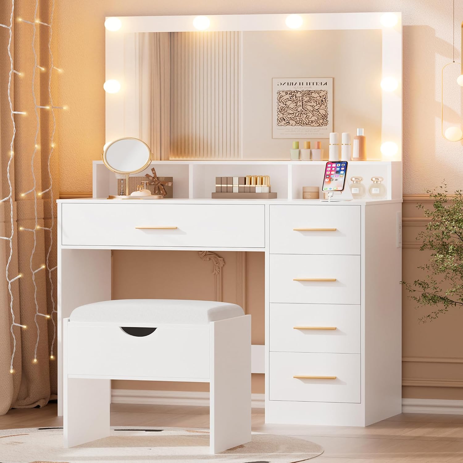 ERLEJIA Vanity Desk with Mirror and Lights, 35.43' Large Mirror Makeup Table with Stool, 5 Drawers Dressing Table for Girls and Ladies Bedroom, White and Gold