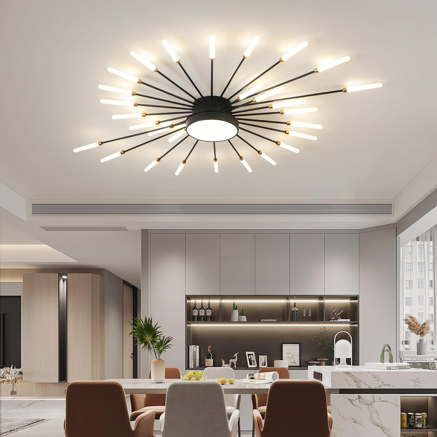 ziidoo Modern Ceiling Light, 28+1 Lights Metal Firework Designed Chic Led Lighting Fixture for Farmhouse Kitchen Dining Room Bedroom Hallway Living Room (Black)