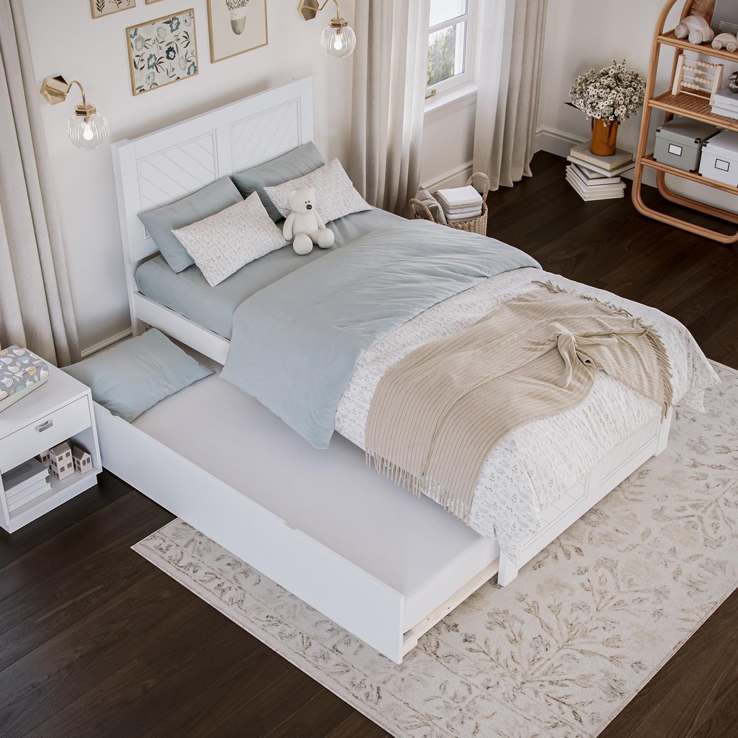 Maykoosh Twin Platform Bed with Matching Footboard & Twin Trundle in White