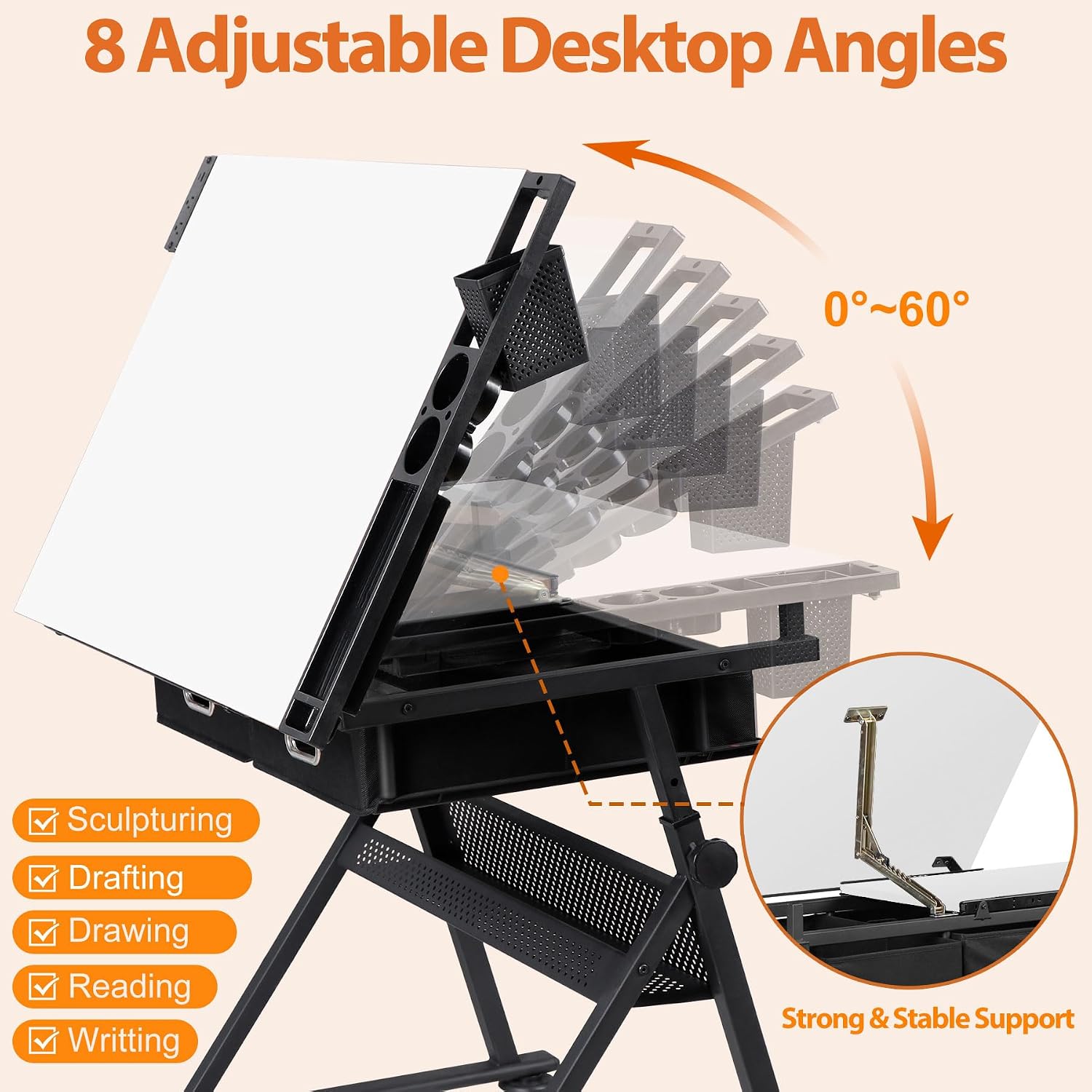 ZENY Adjustable Drafting Table with Stool, Tilting Drawing Desk Artist Table with Storage Drawers, Art Craft Workstation for Home Office Reading, Writing, Crafting (White-with Outlet)