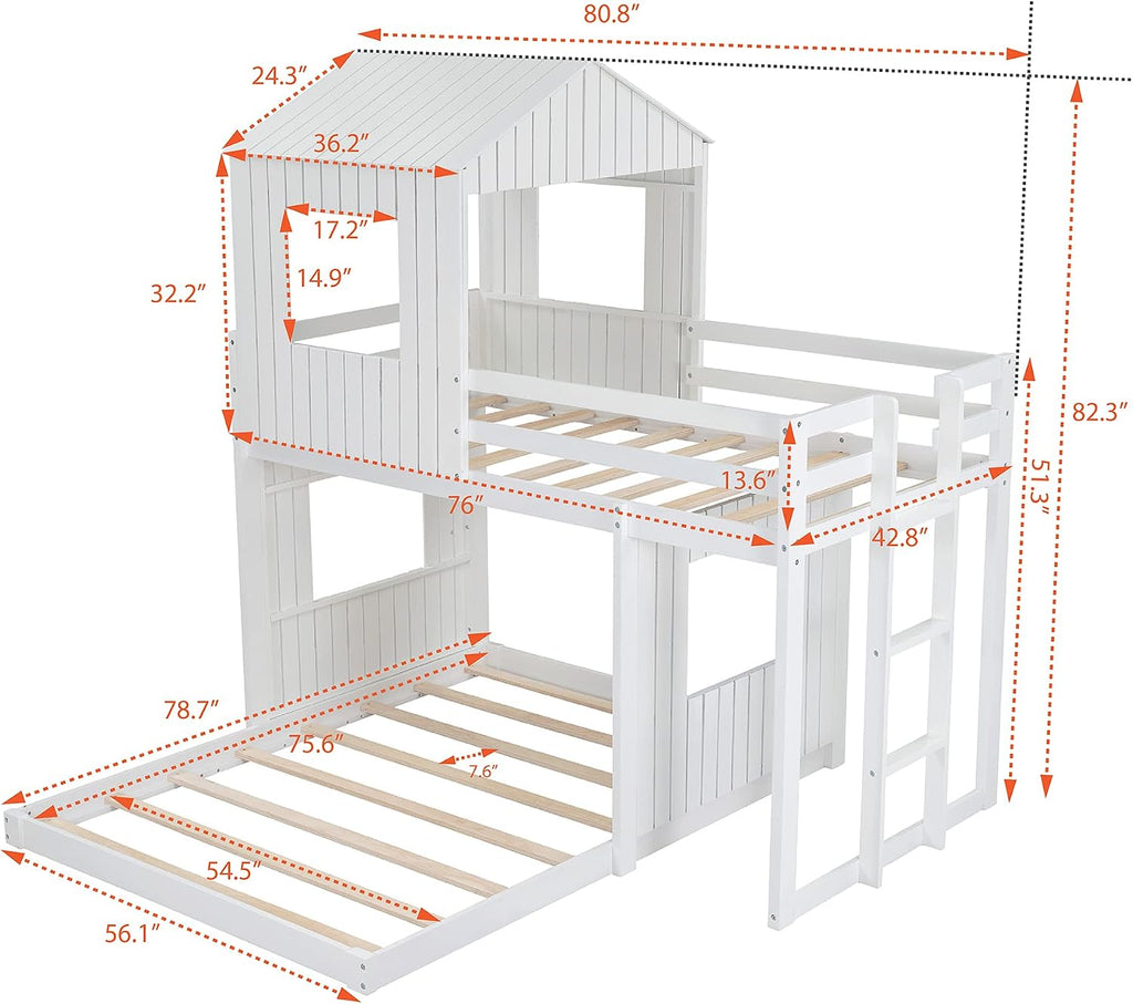 Twin Over Full Bunk Beds for Kids Toddlers, Wooden Play Farm House Bunk Bed with Roof Window Guardrail Ladder, for Girls Boys, No Spring Box Required (White-BUNK Bed-Twin-Full-4)