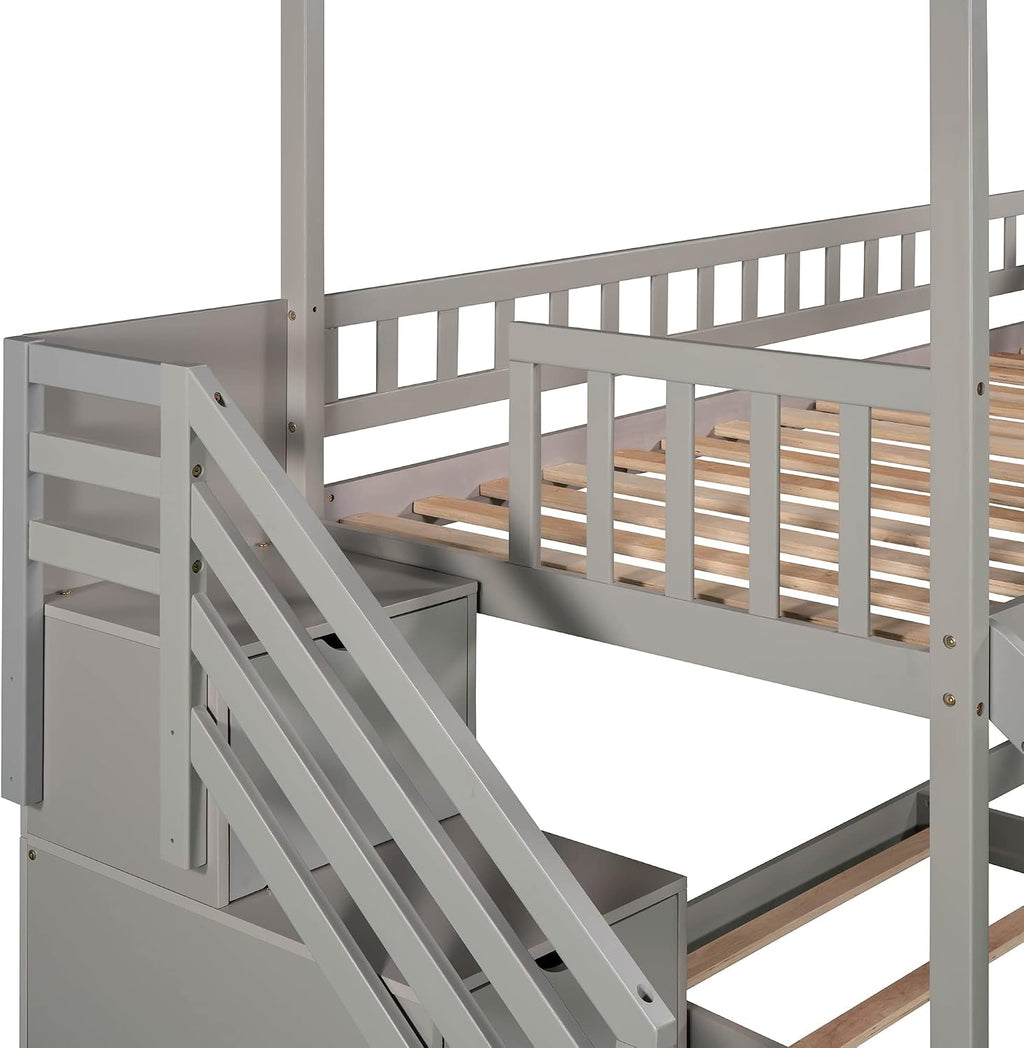 Twin Over Twin Bunk Bed for Kids Toddlers, House Bunk Bed Farm with Storage Steps and Slide Ladder Roof Guardrail for Girls/Boys, No Spring Box Required (Gray-Wood)