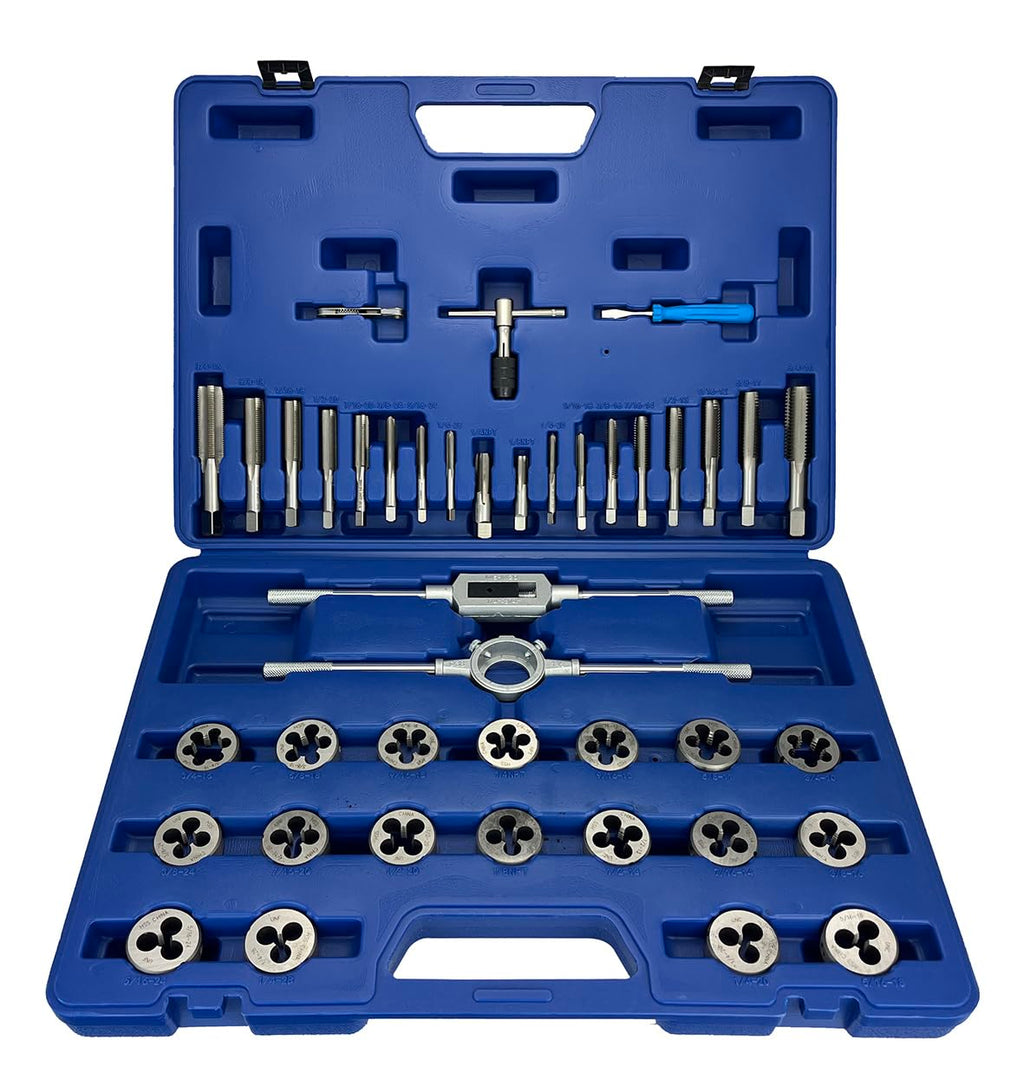 Drill America 41 Piece NC NF HSS Round Tap and Die Set (1/4-3/4) with 1-1/2 OD Round Dies and Handles