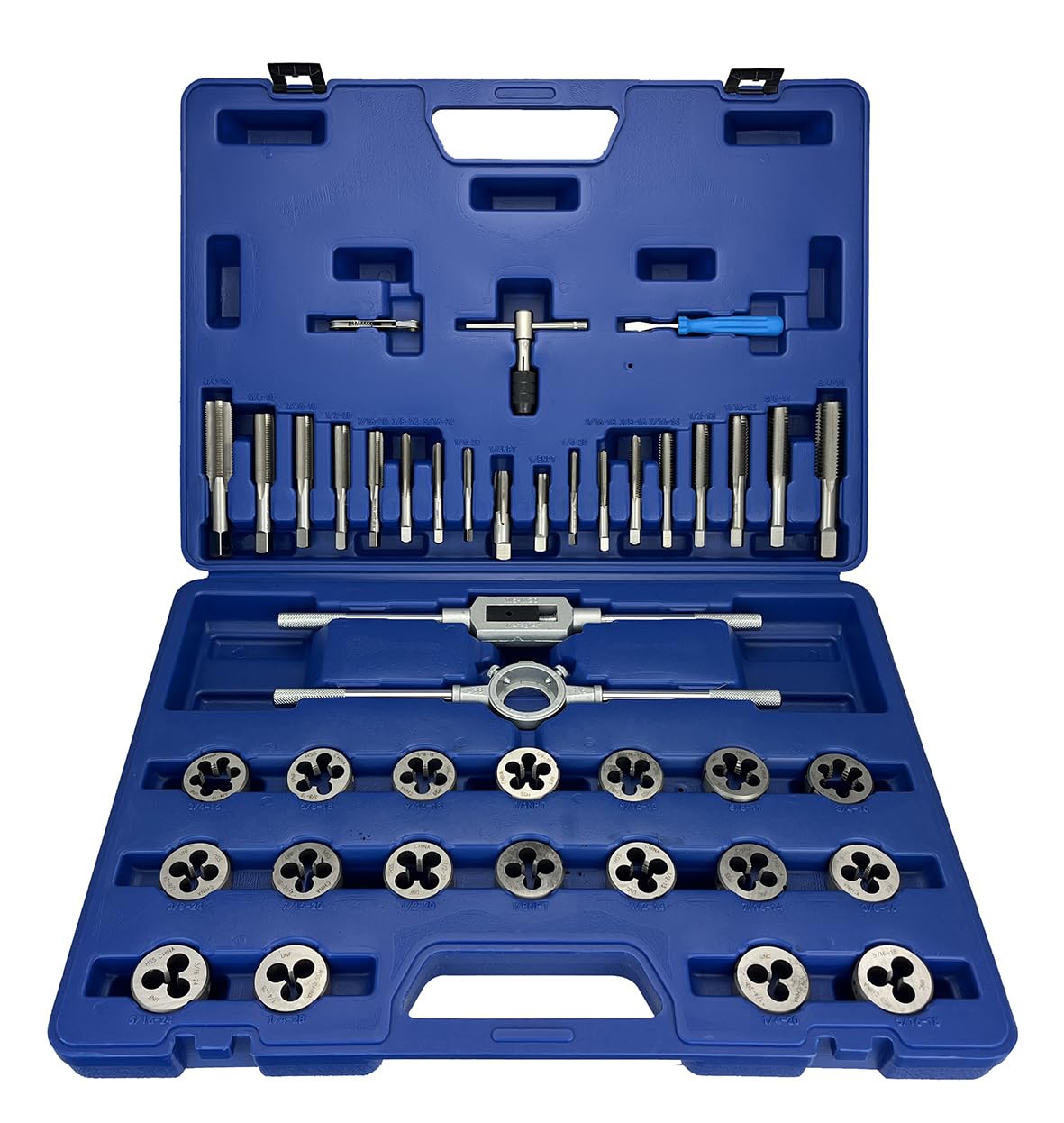 Drill America 41 Piece NC NF HSS Round Tap and Die Set (1/4-3/4) with 1-1/2 OD Round Dies and Handles