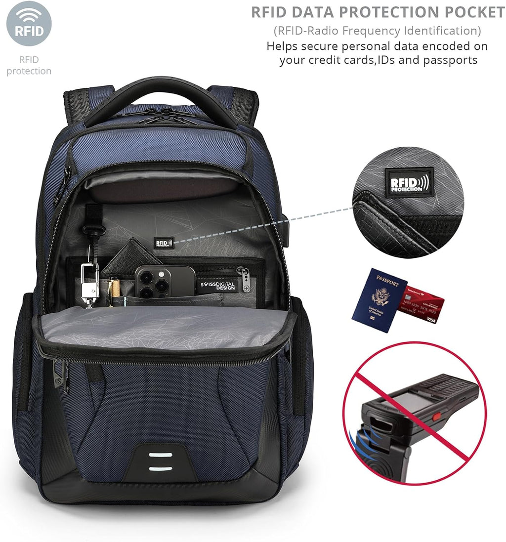 Swissdigital Design Men's Laptop Backpack for College and Business Travel with Integrated USB Charging Port and RFID Protection Fits Laptops up to 15.6 inch, Blue | SD1695-12