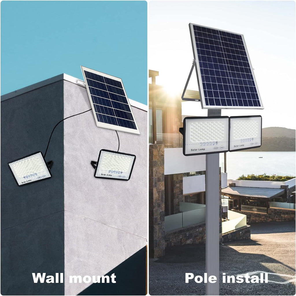 2 Pack 100W LED Solar Flood Lights Outdoor with Remote,Dusk to Dawn Solar Security Street Light Waterproof IP67 for Fence,Garden,Pool,Barn,Lawn,Flag Pole White