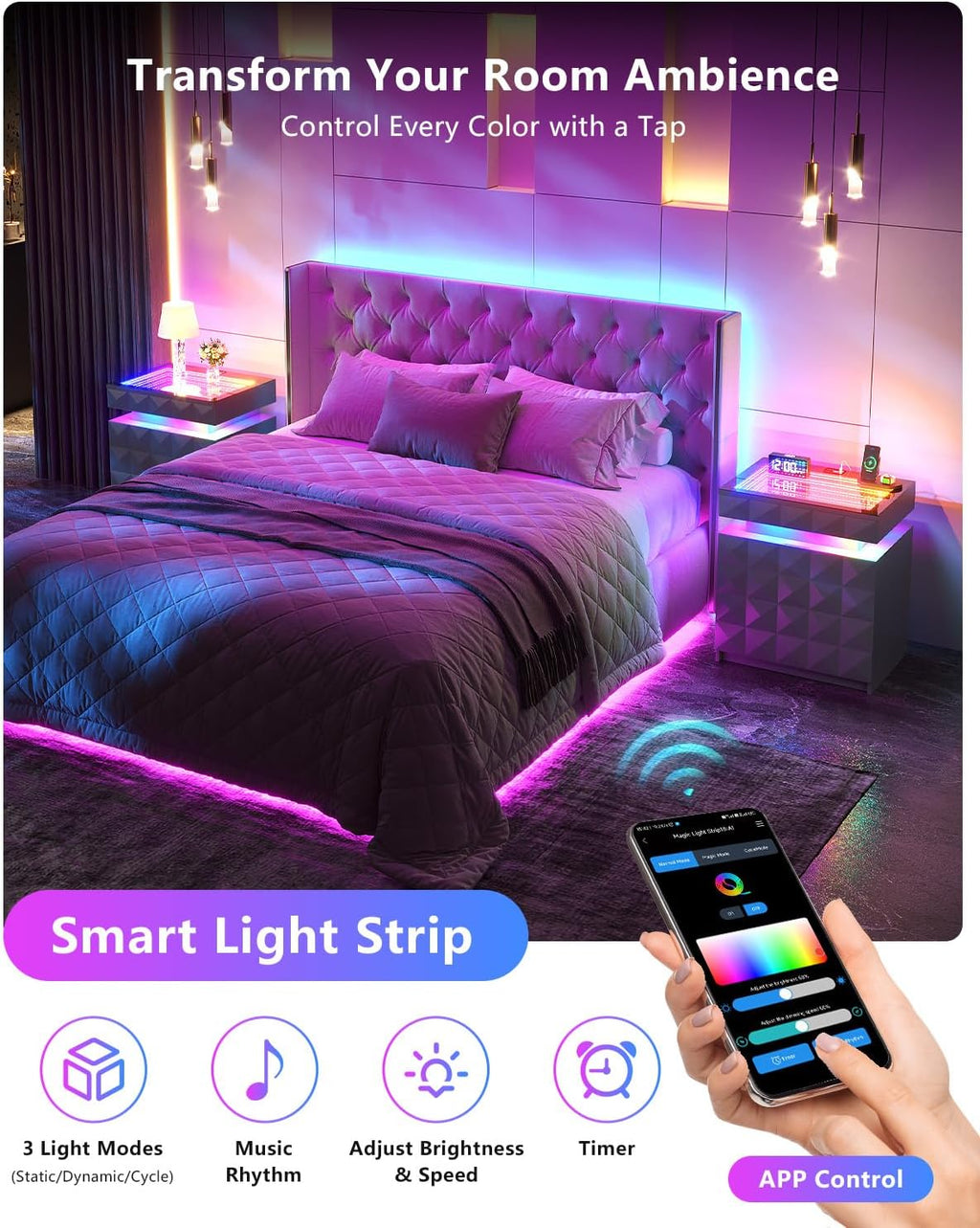 Bedside Table with Charger Station and RGB Lights, Nightstand with 3 Drawers and Sliding Top, Modern Night Stand with Human Body Sensor for Bedroom & Living Room, Grey