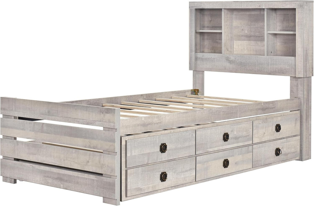 GOWE 2 Pieces Bedroom Sets Farmhouse Style Twin Size Bookcase Captain Bed and Nightstand, Rustic White