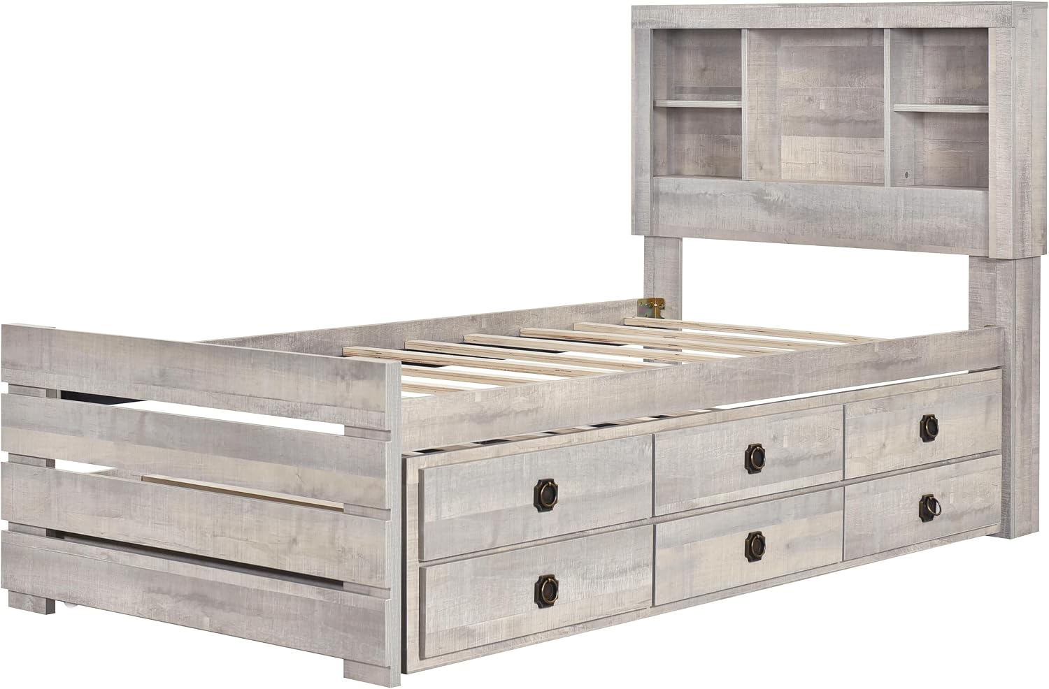 GOWE 2 Pieces Bedroom Sets Farmhouse Style Twin Size Bookcase Captain Bed and Nightstand, Rustic White
