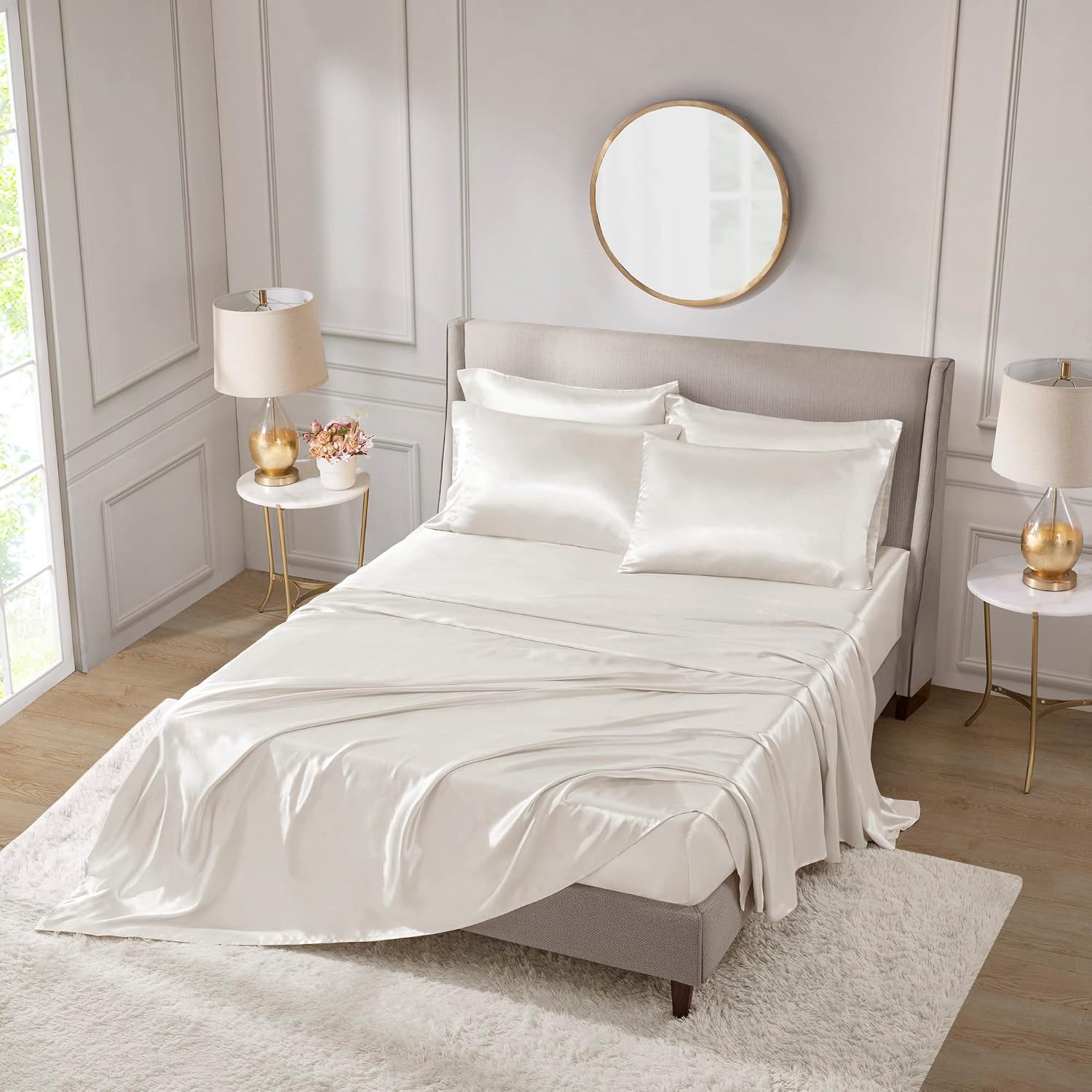 Twin XL Size 4-Piece Sheet Set Premium Mulberry Silk Bed Sheets Set Fits 14-16' Deep Pocket - Luxurious Soft Silk (Solid, Ivory)