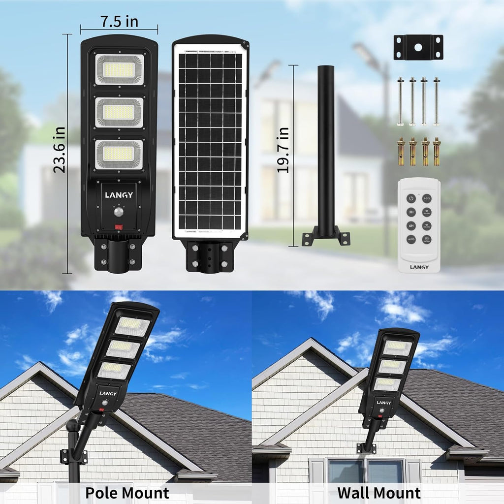 LANGY 2 Pack Led Solar Street Lights Outdoor 150000 Lumens,180 PCS LED,Dusk to Dawn Solar Powered Street Lights with Remote for Barn,Yard, Garden,Basketball Court